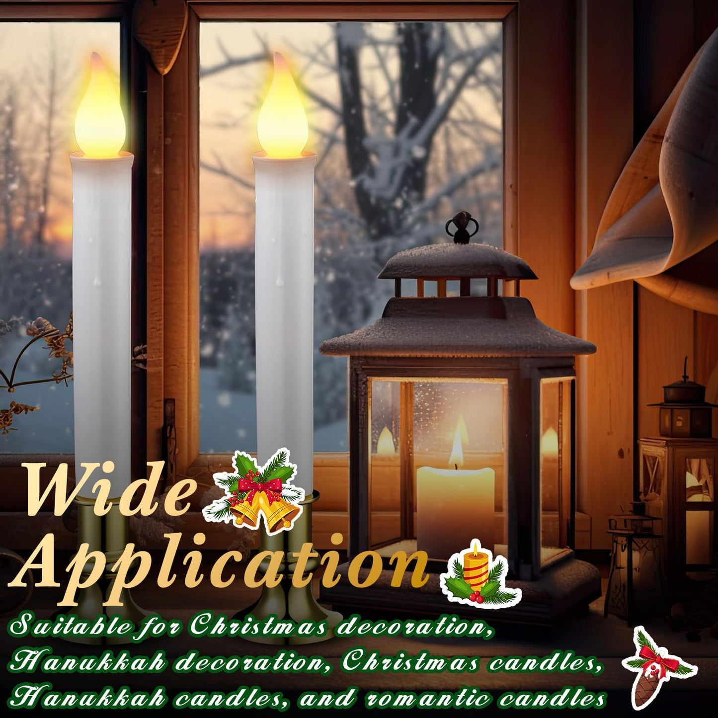 Baquler 8 Pcs Christmas LED Window Candles with Sensor Dusk to Dawn Light Sensor 9.37 Inches Cordless Flameless Battery Taper Candles with Flickering Amber Flame for Xmas Home Decor(Gold)