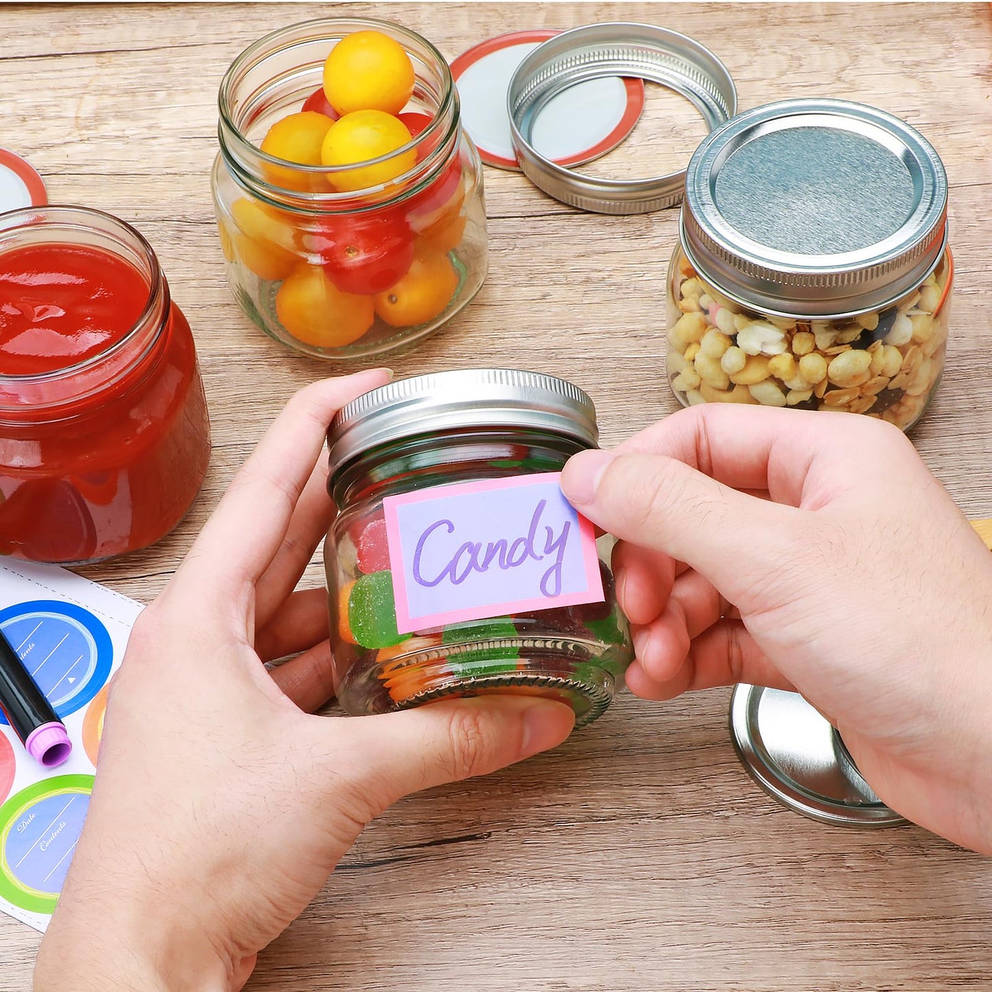 8 oz Mason Jars 30 Pack，Small Glass Containers with Lids，8oz Mason Jars with Lids,Canning Jars,The set includes 1 wooden spoons, 8 stickers, and a purple pen，Ideal for jams, spices, candy