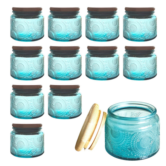 LINGSHINE 4 oz Blue Mini Glass Jars with Airtight Bamboo Lids 12 pack, Decorative Small Food Storage Canister, Vintage Embossed Home Décor Candle Parties Wedding Baby Shower Favors Gift