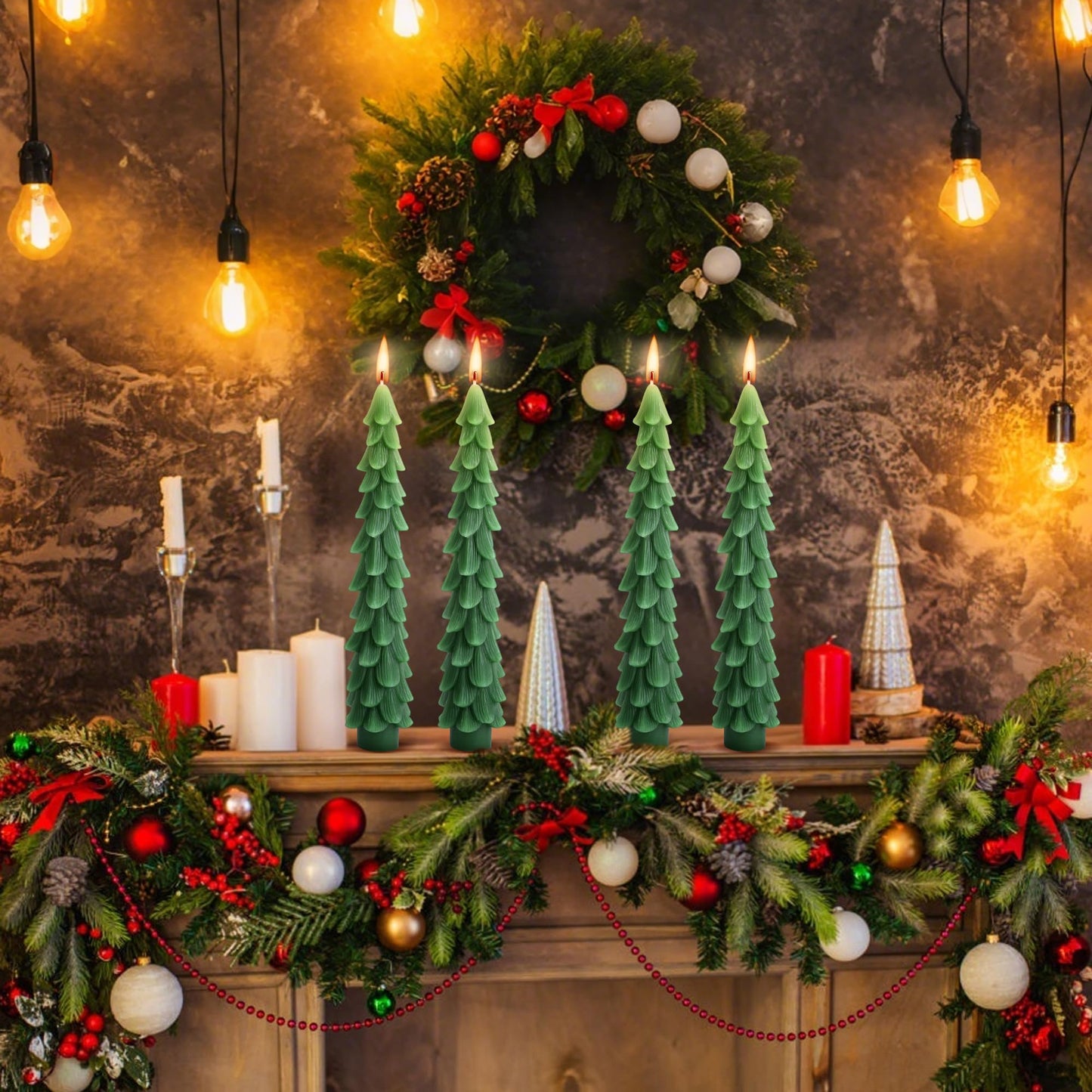 Shupakul 4 Pcs Christmas Tree Taper Candles-10 Inch Unscented Tree Shaped Taper Candle-Green Christmas Decorative Tree Candles for Home Decor Party Centerpiece Decoration