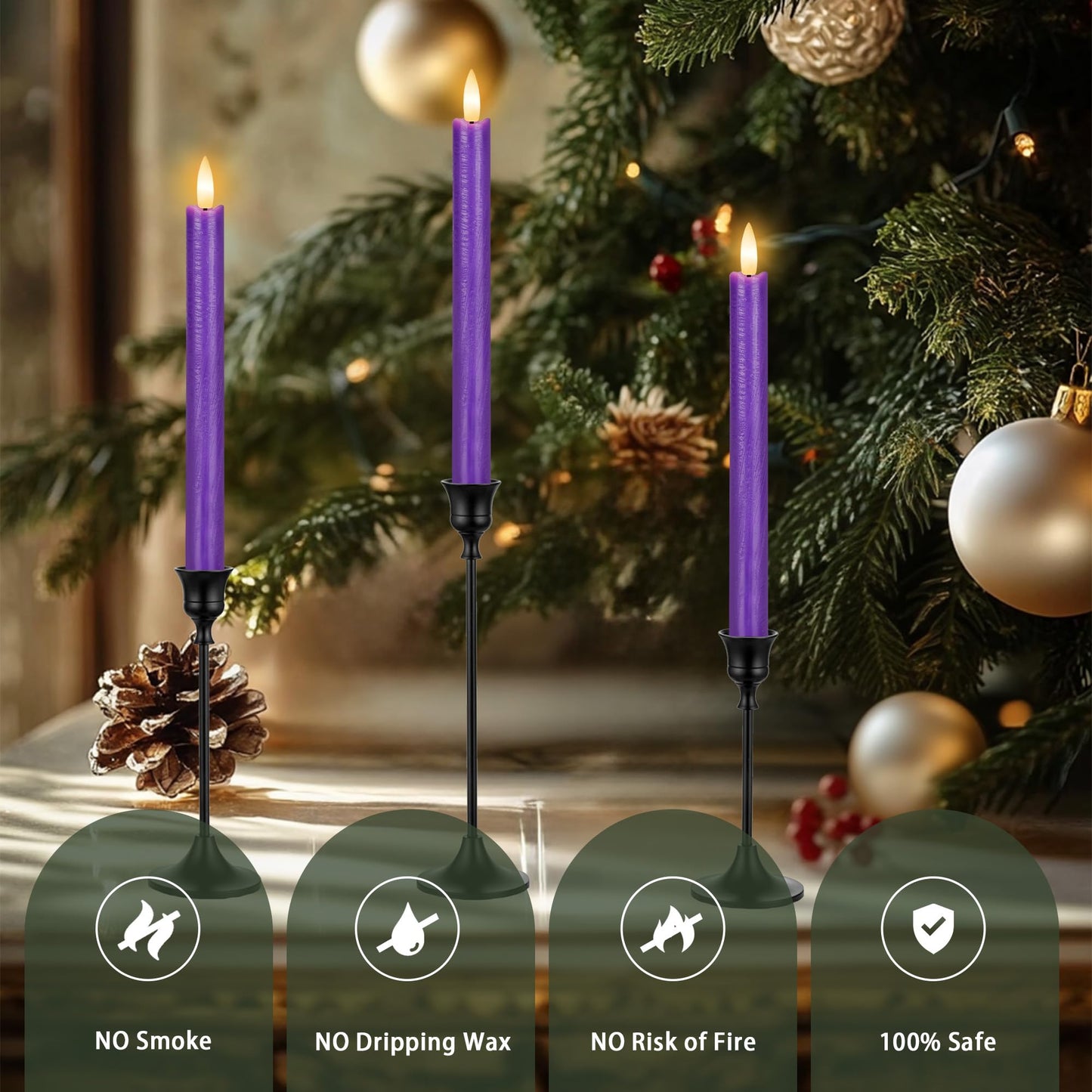 SEHNSY Purple Flameless Taper Candles with Remote, 3 Pack Flickering LED Candlesticks, Real Wax Battery Operated Christmas Window Candles for Winter Home Holiday Decoration