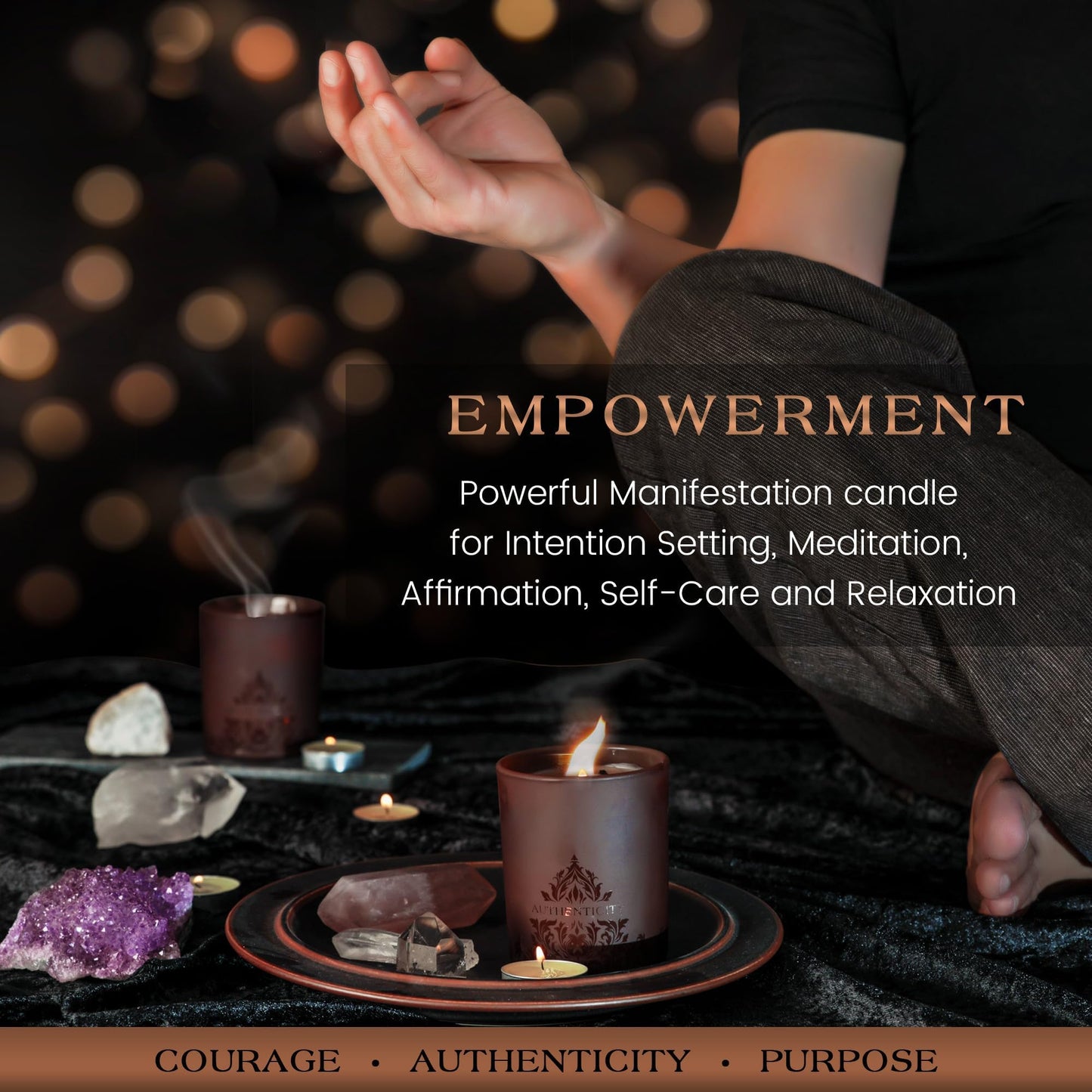 Forest Mahogany Scented Crystal Candle - Luxury Empowerment Candle with Black Tourmaline Crystals - 7.4oz Natural Soy, Coconut & Beeswax Wood Wick Candles for Men