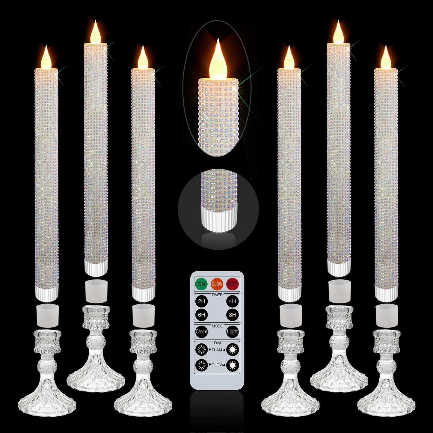 MISSTIME Flameless Taper Candles with Illuminated Glass Candle Holder, Remote Timer 2AA Battery Operated for Thanksgiving/Xmas Decor, Wedding Centerpiece (Crystallized-Brilliant, 6 Pack)