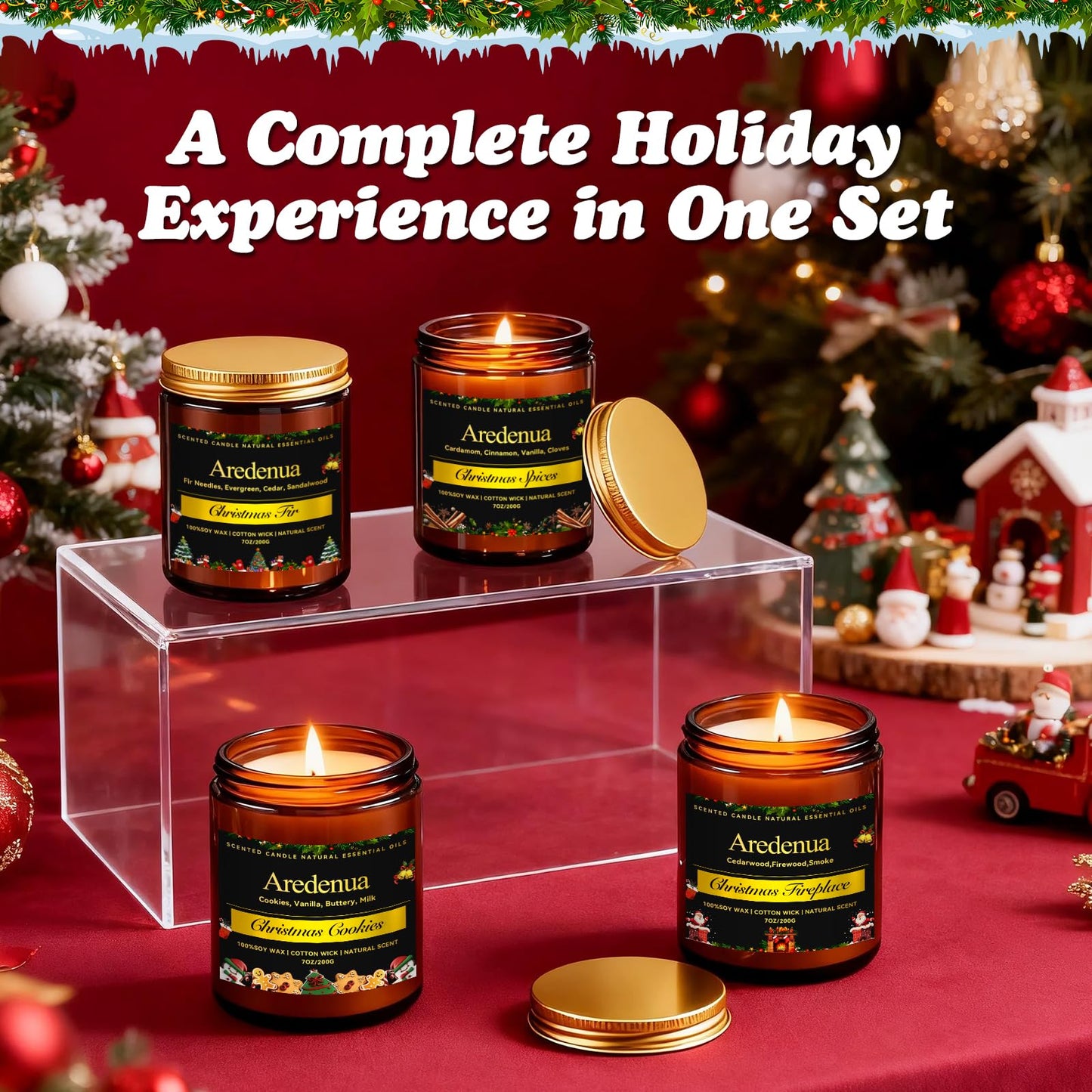 Holiday Candles Set | 4 Pack Holiday Scented Candles, Hand Poured Soy Candles for Home Scented - Christmas Candle Gifts for Women and Men - Scents of Fir/Spices/Cookies/Fireplace
