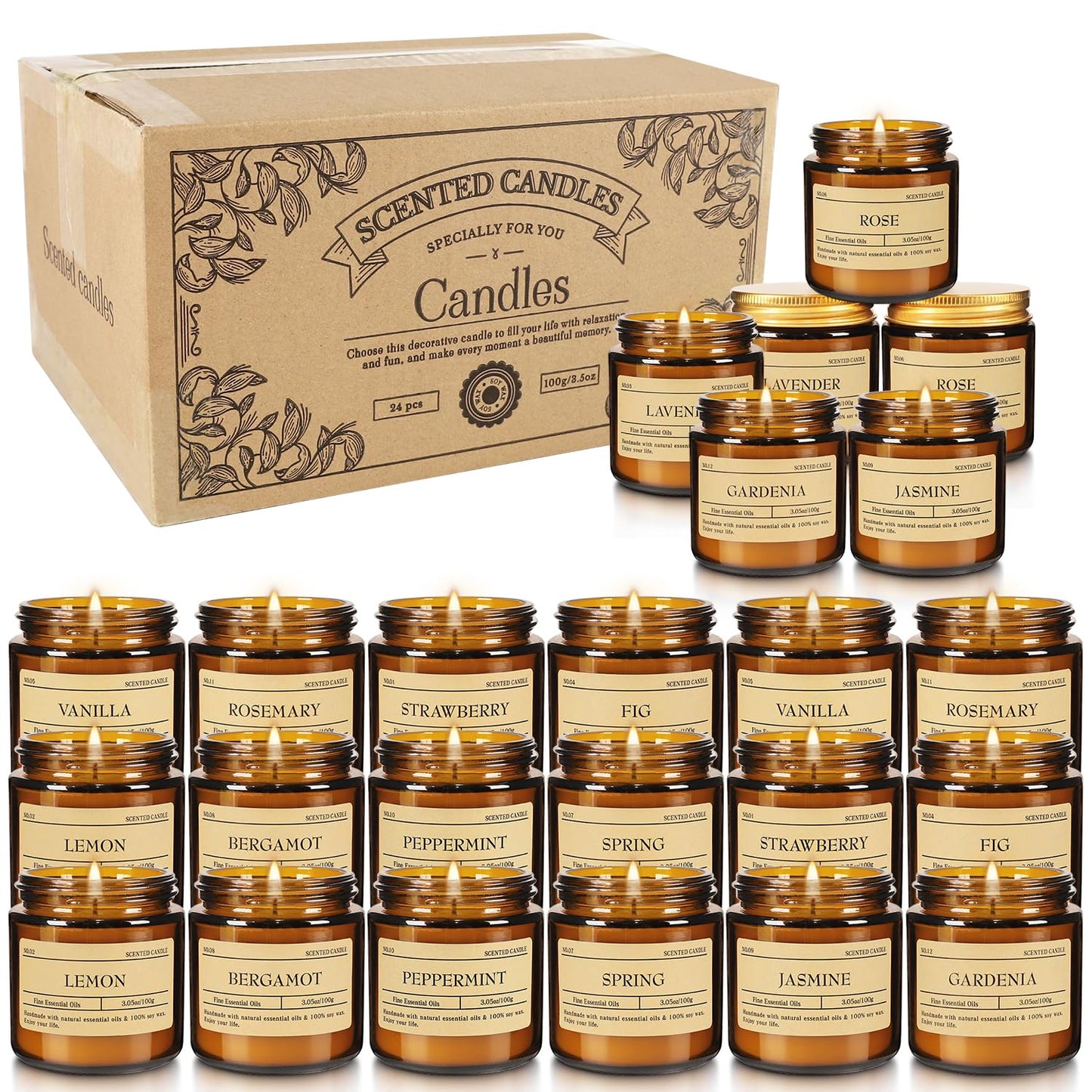 24-Pack 3.05oz Scented Candle Gift Sets - 12 scents Jars Natural Soy Wax for Women, Home Decoration and Elegant Occasions