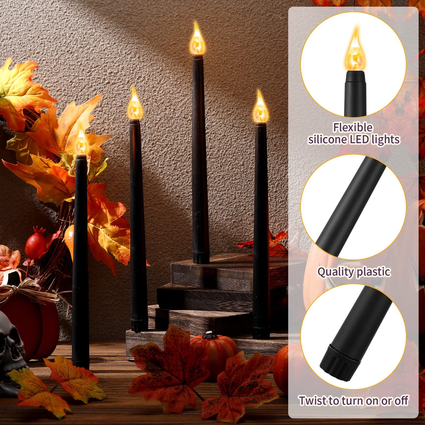 12 Pcs LED Taper Candles Dripless Unscented Flameless Battery Dinner Candles for Halloween, Weddings, Church, Hanukkah, Christmas, Autumn, New Year Celebration (Black)