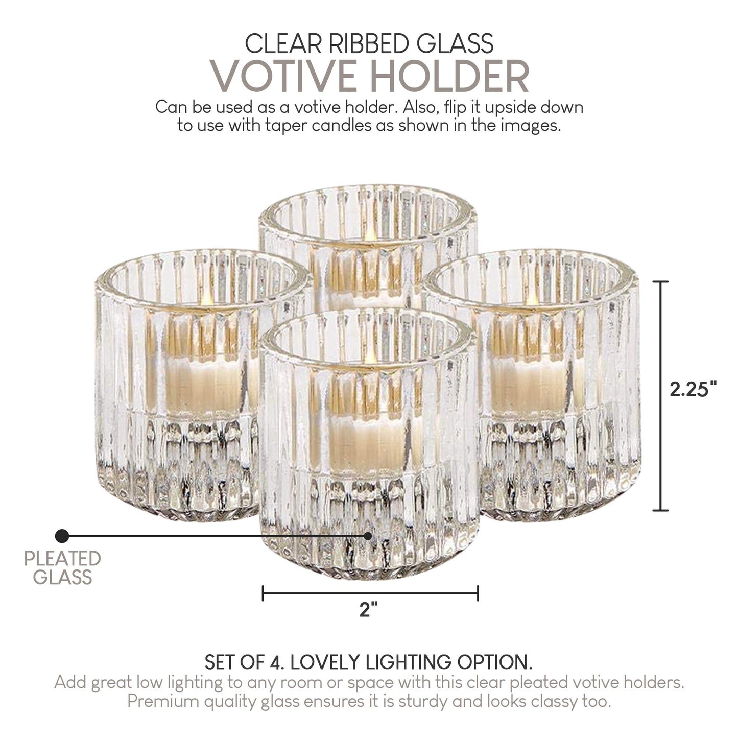 Serene Spaces Living Set of 4 Clear Ribbed Glass Votive Holders, Perfect for Weddings and Home Décor, Measures 2.25" Tall and 2" Diameter