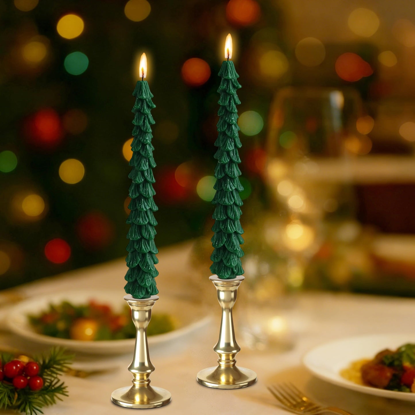 Green Christmas Tree Shaped Taper Candles 10 Inch Xmas Eve Holiday Candle Unscented Candlesticks for Christmas Party Room House Kitchen Decor Wedding Decorations Gift, 2 Pack