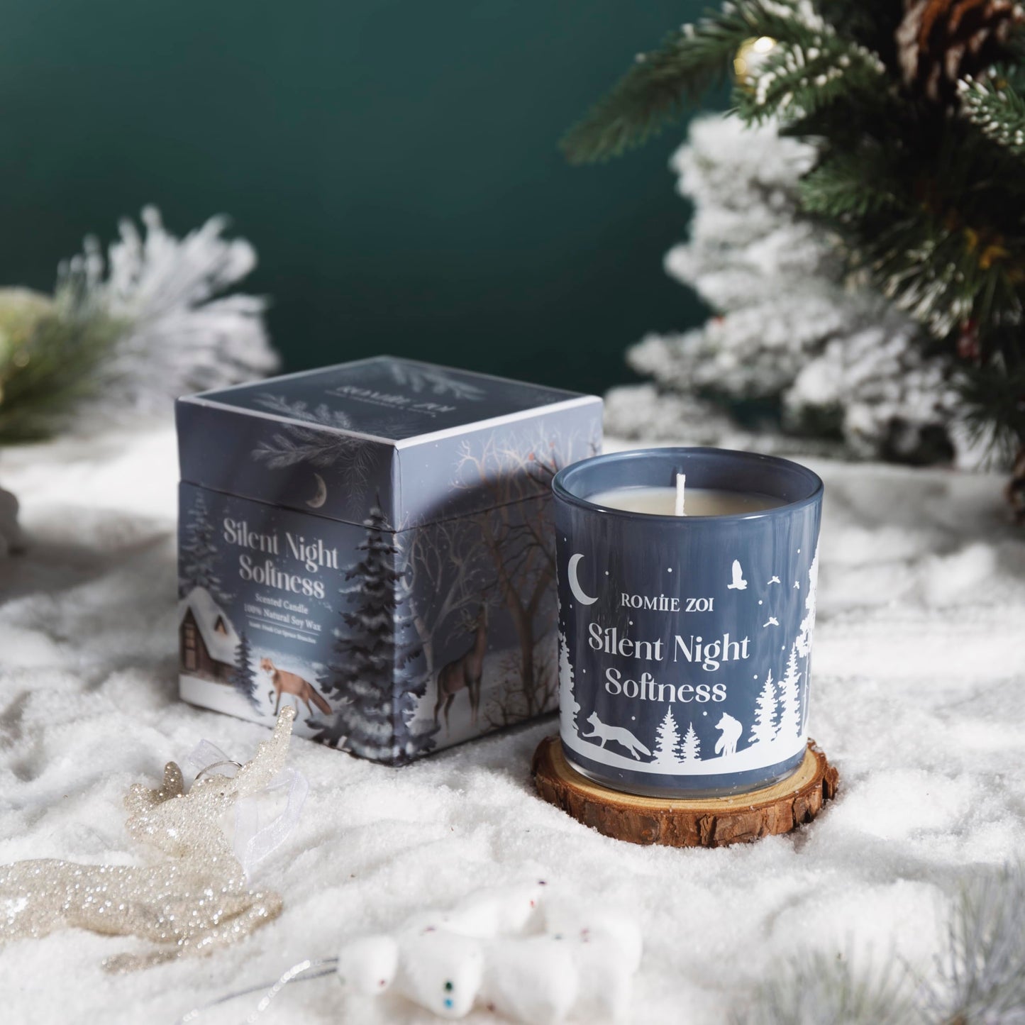 ROMIIE ZOI Christmas Scented Jar Candle - 6oz Soy Wax Candle - Silent Night Softness Infused with Fresh Cut Spruce Branches Aroma - with Beautiful Keepsake Box Special for Christmas/Holiday Gifts
