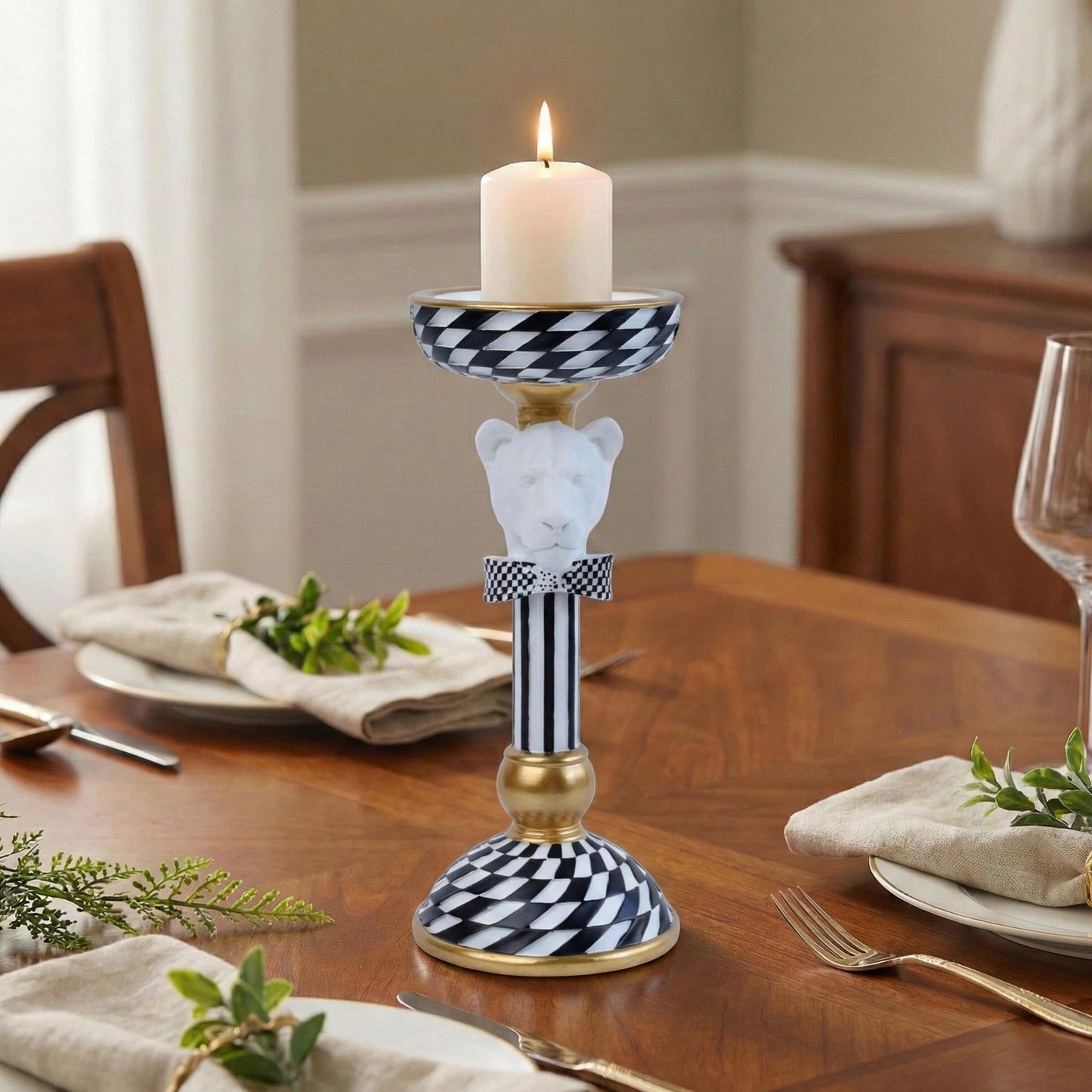 Crowned Animal Candlestick Holder Black & White Checkerboard Taper Candle Holder with Gold Accents Eclectic Resin Statue for Modern Home Decor, Table Centerpiece