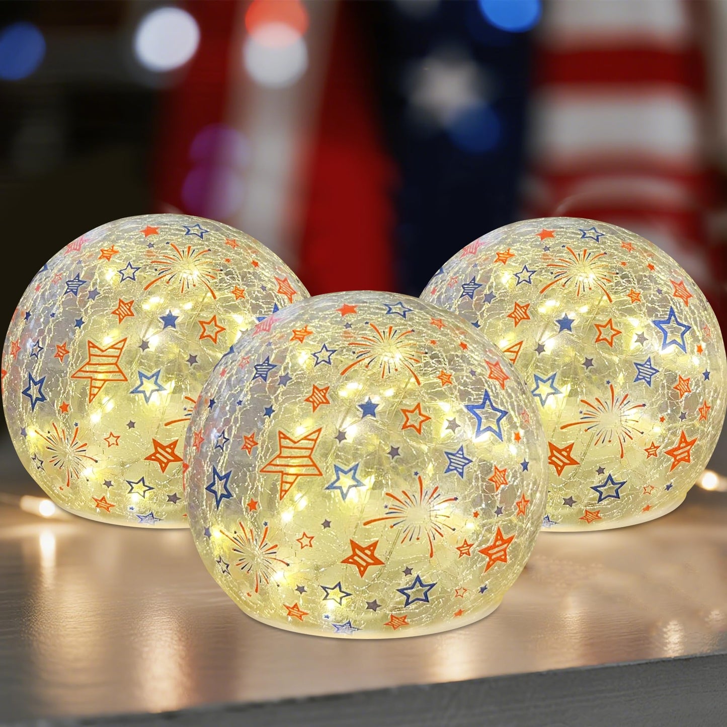 3PCS Independence Day Decorative Lights, 3.93-inch Independence Day Desktop Decoration LED Night Light, Cracked Glass Ball Light with Timer, 4th of July Decorations (Fireworks Pattern)
