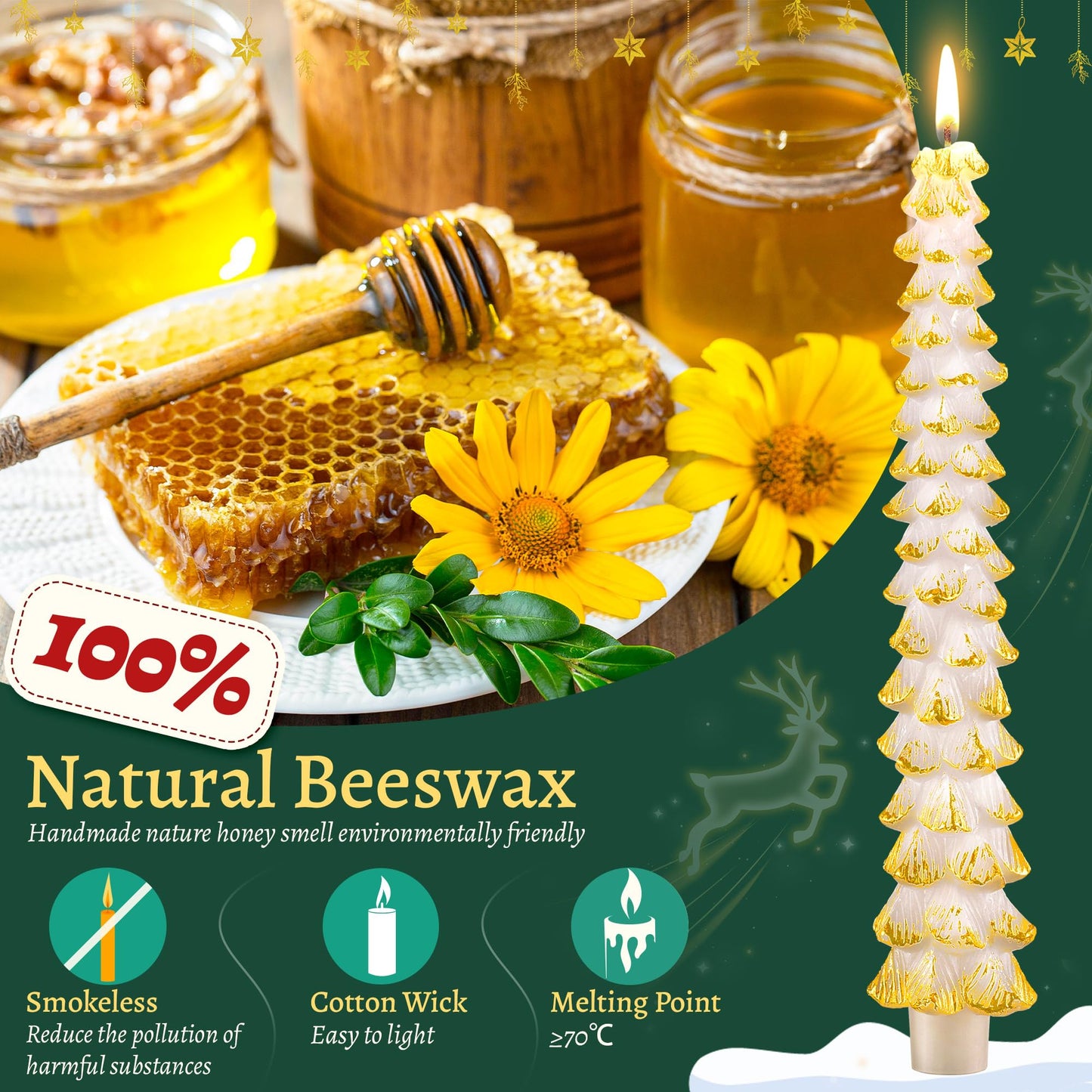 Ceoighe 4 Pack 10 Inch Christmas Tree Candles, Premium Natural Unscented Beeswax Christmas Tree Shaped Taper Candles with Cotton Wick, for Xmas Holiday Decor Party Banquet (White with Gold Trim)