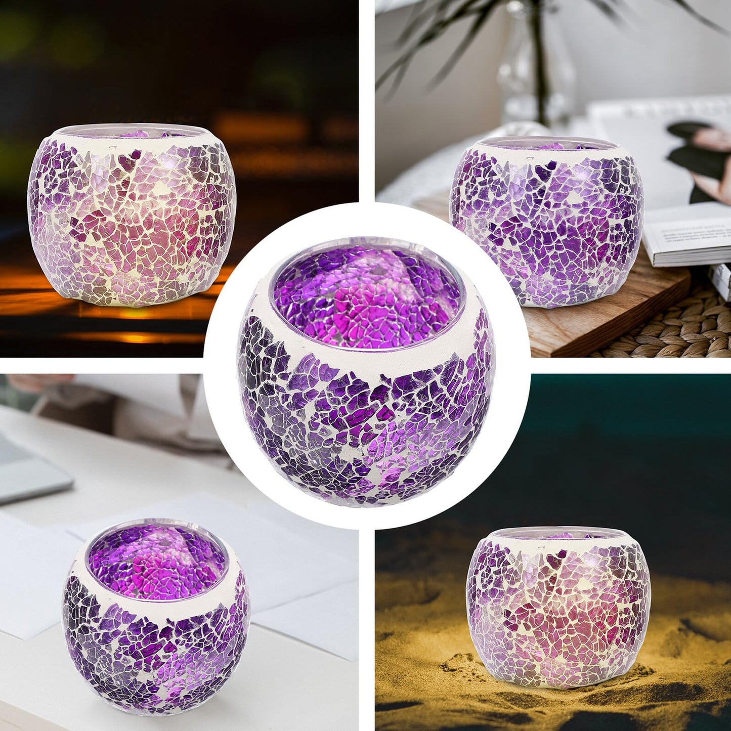 ELEOUTI European Mosaic Glass Candle Stand, Purple Table Candleholder for Romantic Dinner, Decorative Candlestick for Home and Dining Table Decor