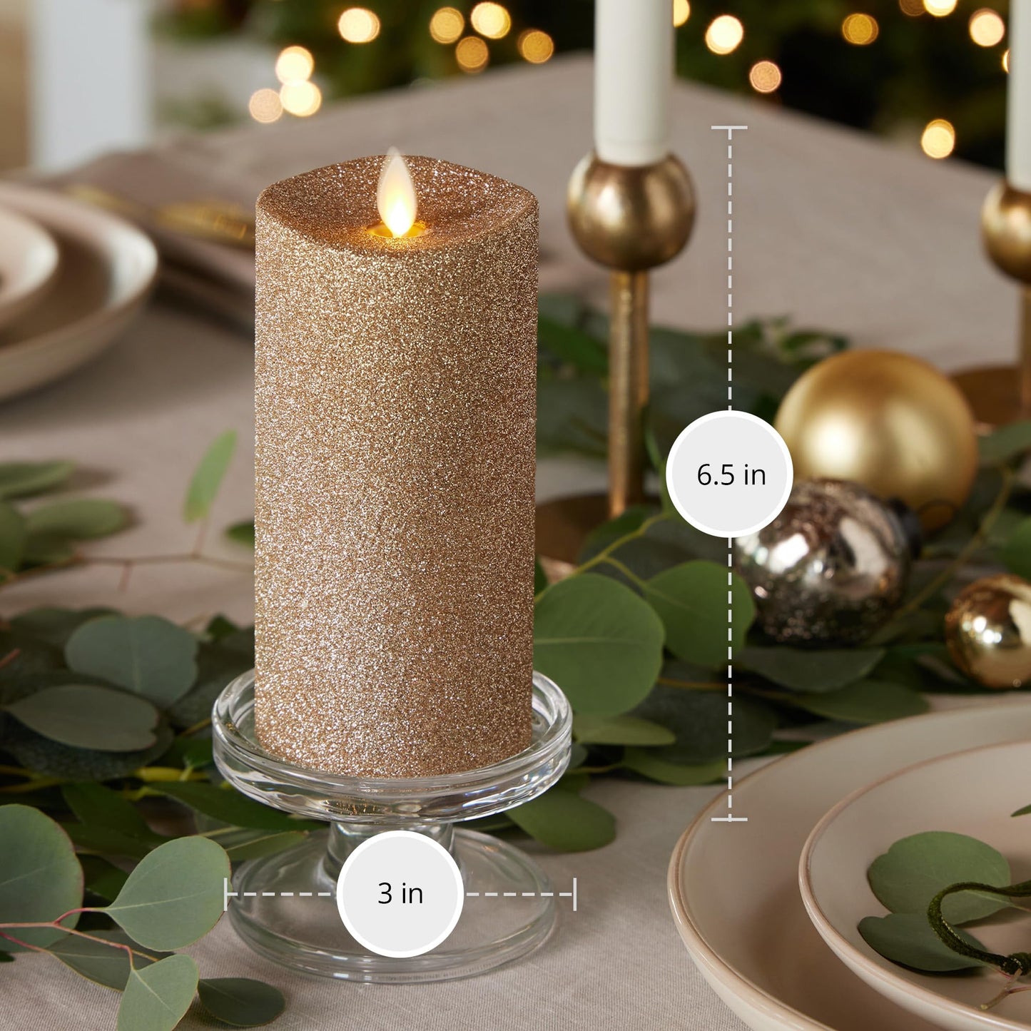 Luminara Realistic Artificial Flame Gold Glitter Pillar Candle - Moving Flame LED Battery Operated Lights - Unscented - Remote Ready - Remote Sold Separately - 3" x 6.5"