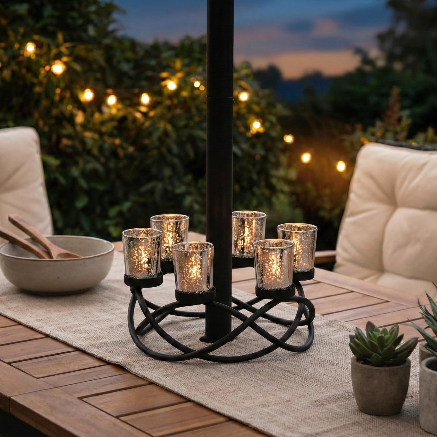 Seraphic Centerpieces for Table Decorations - Round Candle Holders for Outdoor Patio, Dining, Kitchen, Coffee & Wedding Table Decor, Black Iron Candelabra, 6 Silver Glass Votive Tealight Cups