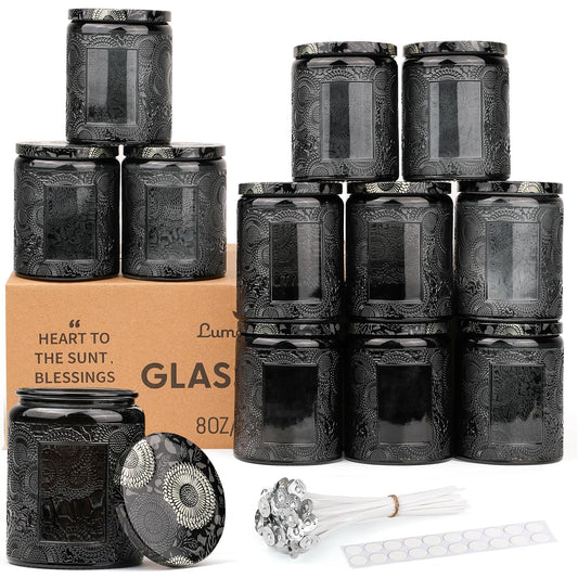 LumaCraft Luxury Embossed Glass Candle Jars for Making Candles - 12 Pack Empty Candle Containers with Airtight Metal Lids, 20 Wicks & 20 Stickers, Colored Glass Jars for Gifts & Decor-8OZ