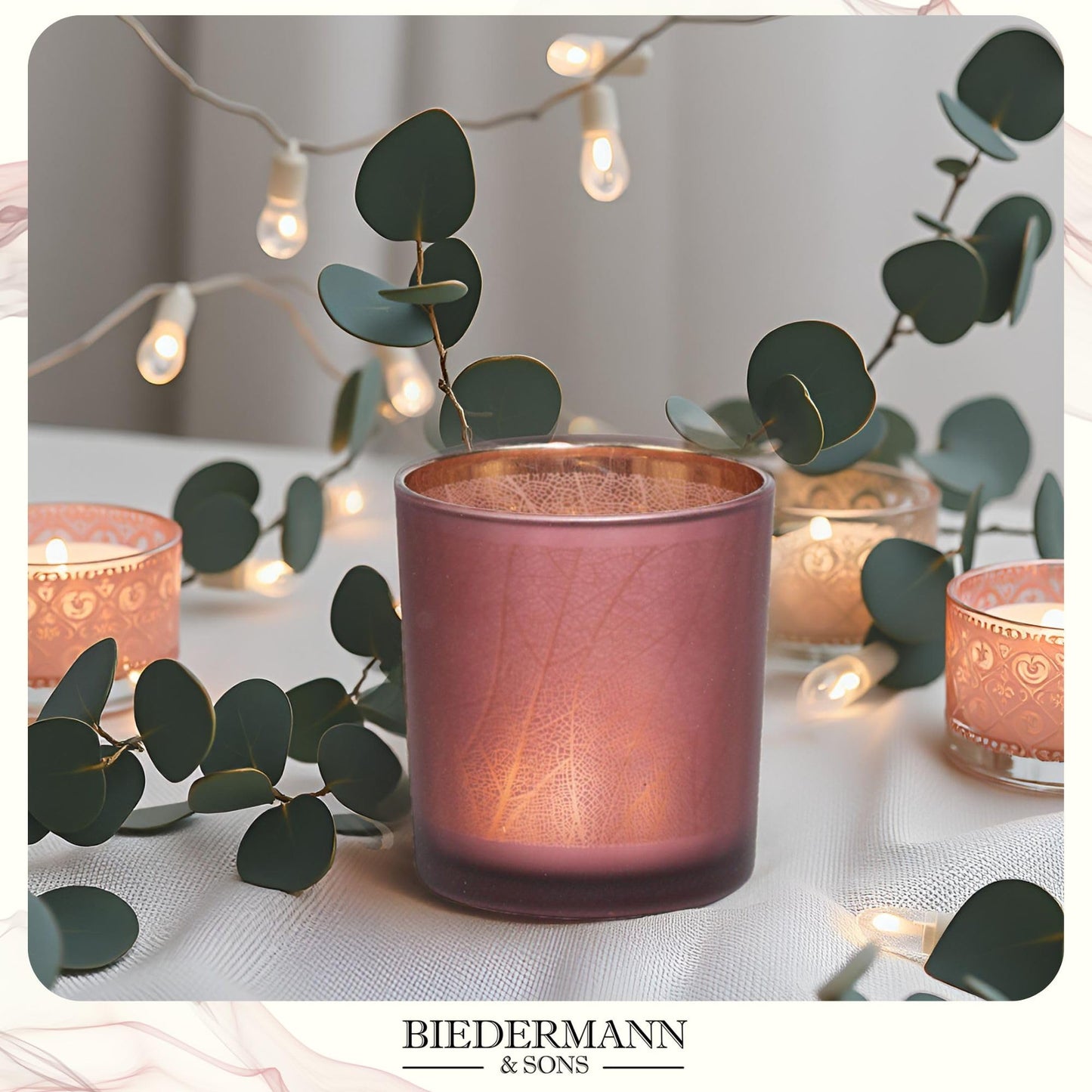 Biedermann & Sons Taro Leaf Glass Candle Holders (Set of 4), Russet Red with Laser Etched Leaves, 4 Inch Diameter x 5 Inch Tall, Warm Ambient Decor for Tables and Shelves