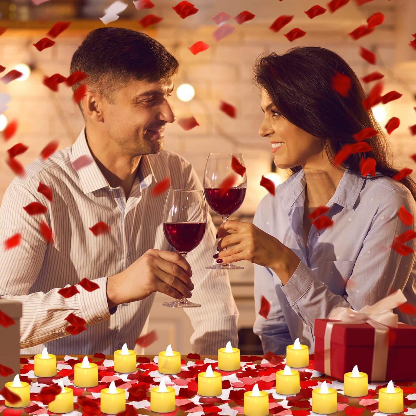 Coume 6000 Pcs Artificial Rose Petals with 72 Pcs Flameless LED Candles Romantic Decorations Fake Candles Anniversary Decorations for Valentine's Day Wedding Night(Warm White with Red Series Petal)