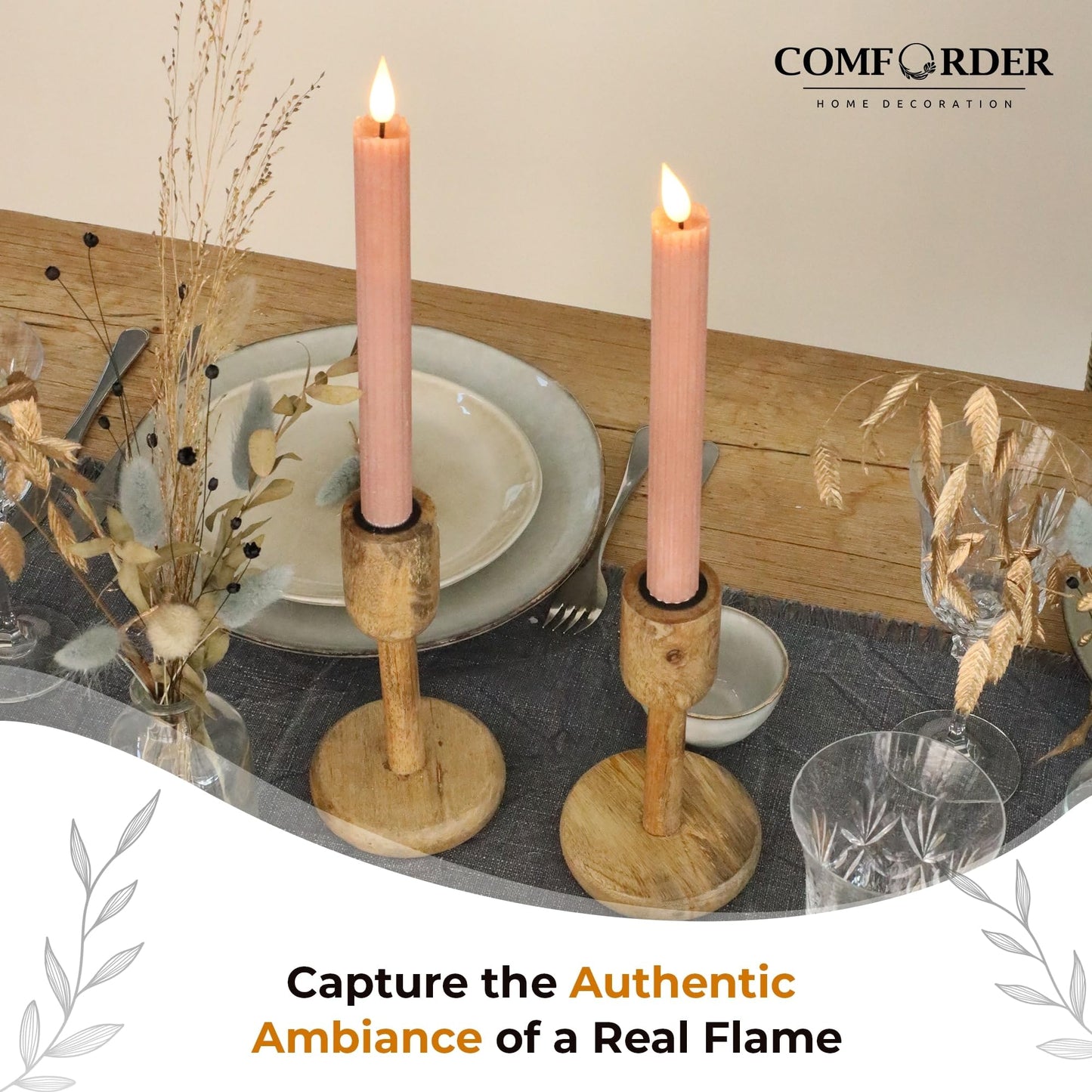 comforder Flameless Taper Candles – Flickering LED Flame with 6H Timer – Real Wax, Ribbed Design – Battery Operated Set of 2 – 10" Tall (Mauve)