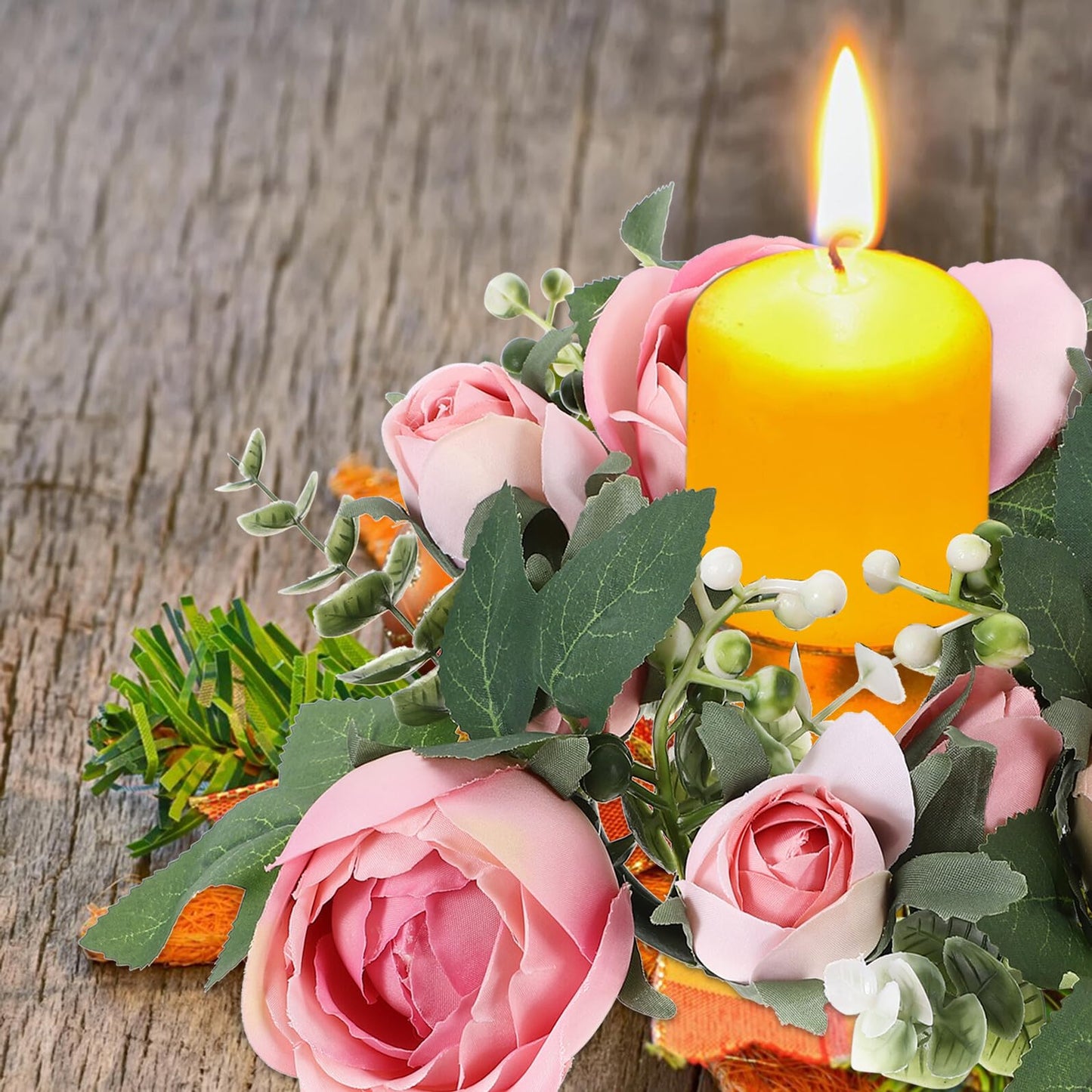 BEBEMOKO Artificial Rose Candle Ring Wreath Floral Table Centerpiece, Light Pink Faux Flower Candle Decor for Wedding, Valentine’s Day Party and Home Decoration