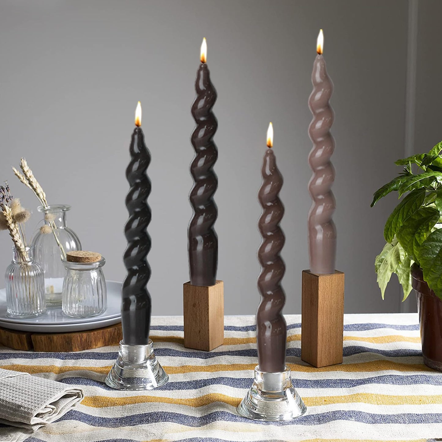 Brown Short Taper Candles Candlestick Twisted Candles Set of 4 for Decoration Weddings Party Church-Unscented Dripless Candles 7.5inch(A-Gradient Brown)