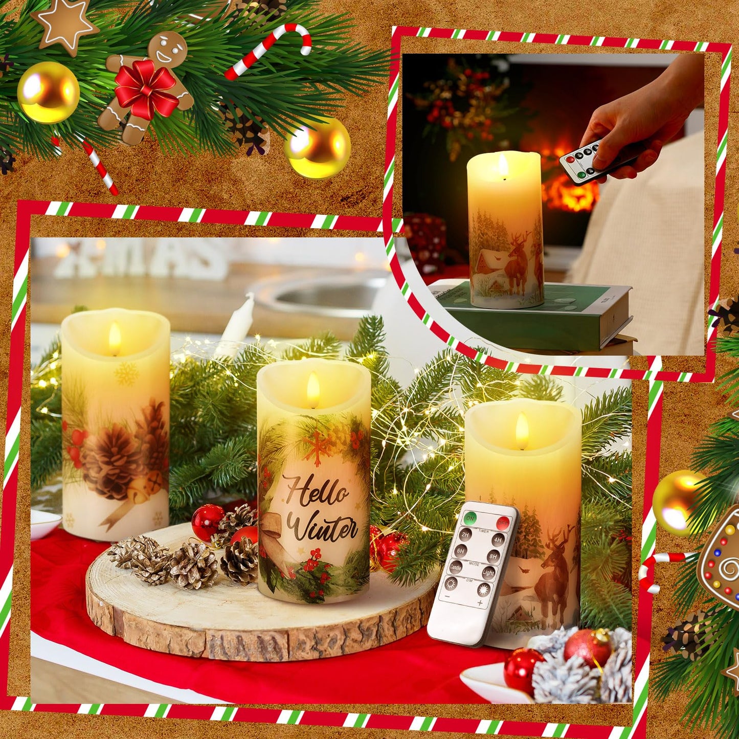 ROCEEI 3 Pcs Winter Forest Candles Battery Operated LED Candles Winter Forest Style Pillar Flickering Real Wax Decorations for Indoor Holiday Party Table Decor