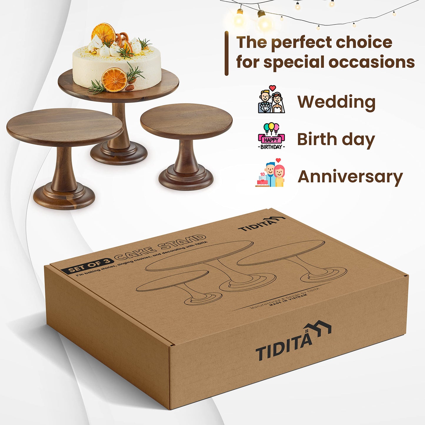 TIDITA Set of 3 Acacia Wood Cake Stand Set – Wooden Rustic Farmhouse Cupcake Stand - Wedding and Birthday Decorating Cake Pedestal Stand - Dessert Display Serving Use at Parties, Restaurants, Birthday