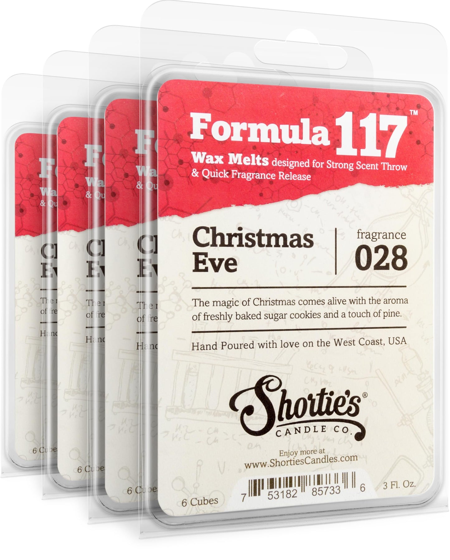 Shortie's Candle Company Christmas Eve Premium Wax Melts 4 Pack - 12 Oz., Strong & Long Lasting, Non-Toxic - Made with Essential & Natural Oils - Formula 117