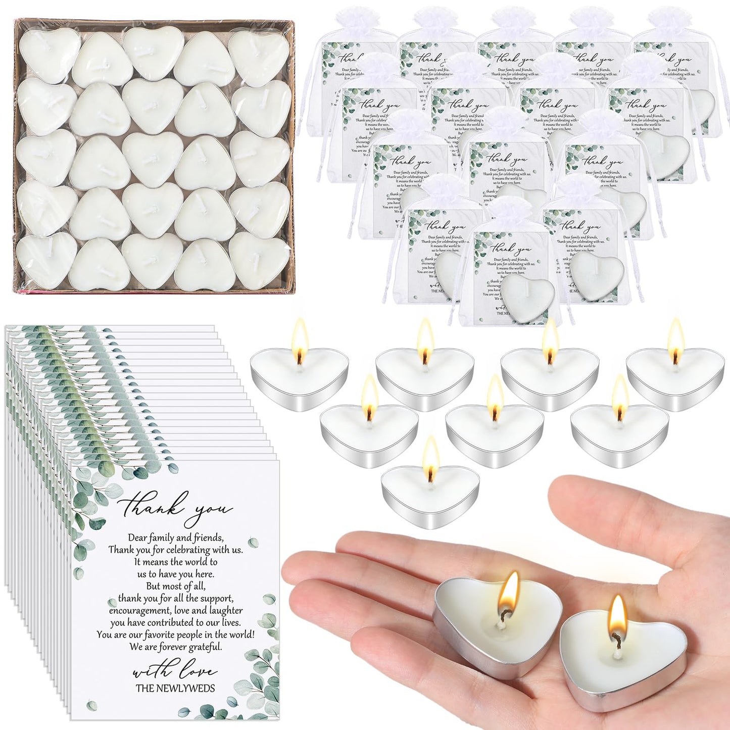 Threlaco 100 Sets Wedding Favors for Guests Bulk Mini Heart Shaped Candles Wedding Party Favors for Guests with Thank You Cards and Organza Bags Bridal Shower Party Souvenir Candle Gifts