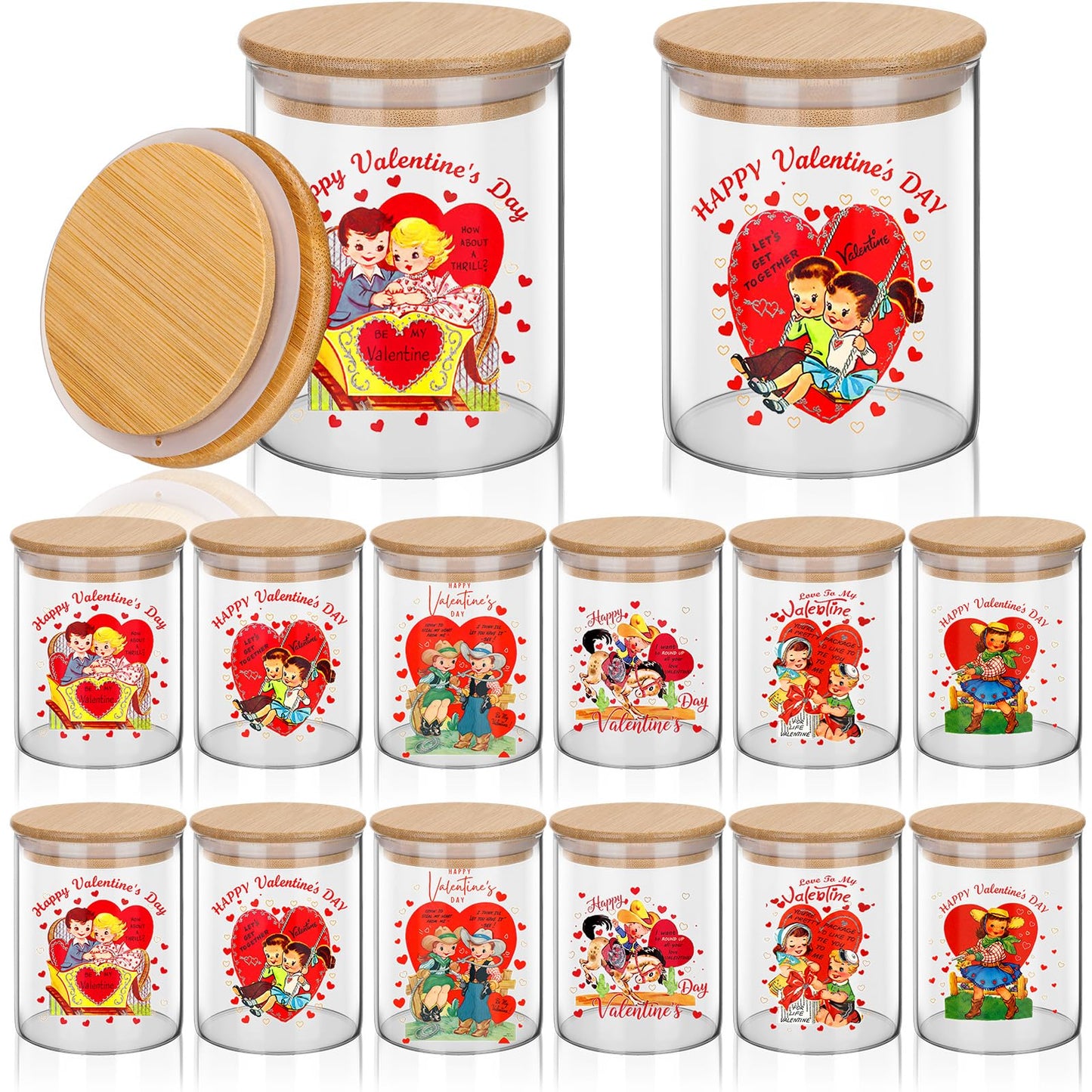 Yungyan 12 Set 17oz Glass Storage Jars with Airtight Lid Retro Vintage Candle Jars Containers Sets for Kitchen Candy Cookie Chocolate Tea, Sugar, Salt, Coffee(Valentine's Day)