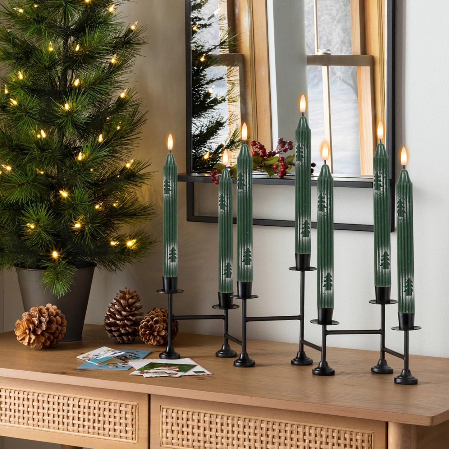 Wondise Christmas Flameless Taper Candles with Remote and Timer, Battery Operated 3D Wick Real Wax LED Candles with Painted Christmas Tree 6 Packs for Christmas Holiday Decor(0.78 x 9.45 Inch)