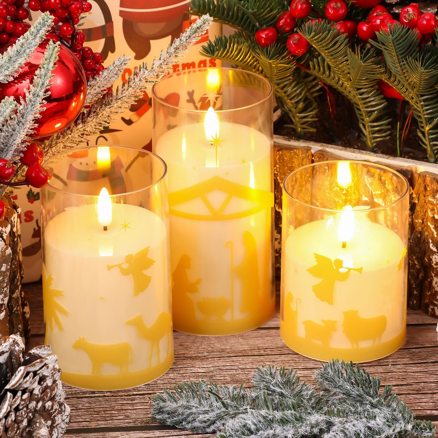 Blosssound 3 Pack Christmas Nativity Flameless Candles Battery Operated Xmas Nativity Jesus Flameless Flickering Candles LED for Home Fireplace Winter Holiday Table Decorations Christmas Gifts