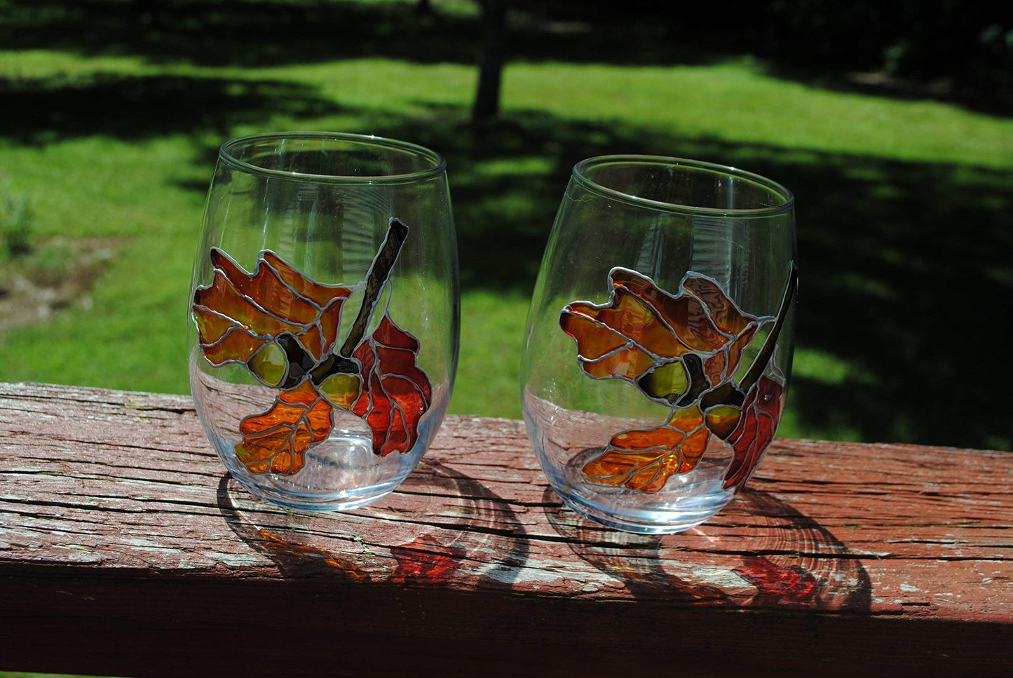 Oak Leaves Acorns Stemless Hand Painted Wine Glasses Set 2 Fall Decor