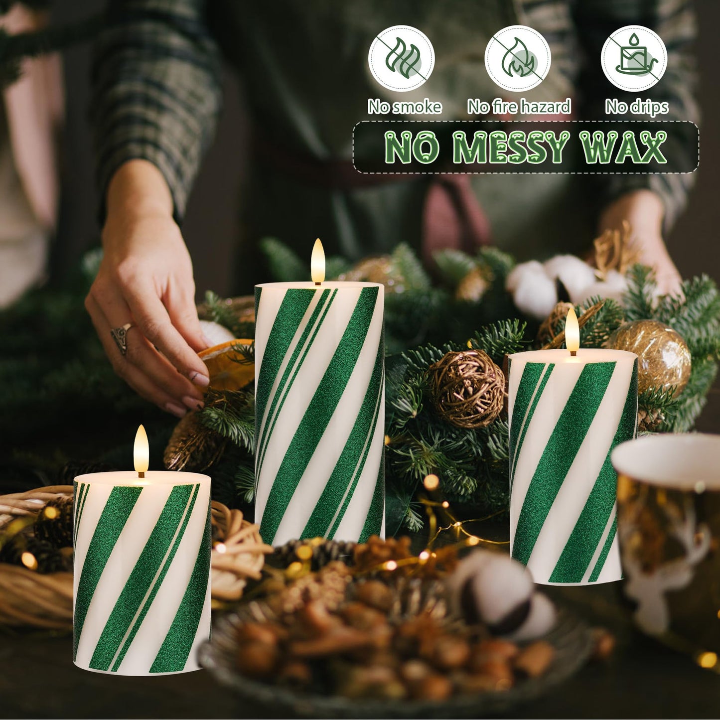 AFINETH Candy Cane Stripe Flameless Candles with Remote, Green Battery Operated Pillar Candles Real Wax, Flat Top Flickering Christmas LED Candle Decorations for Xmas, Home, Party Decor, Set of 3