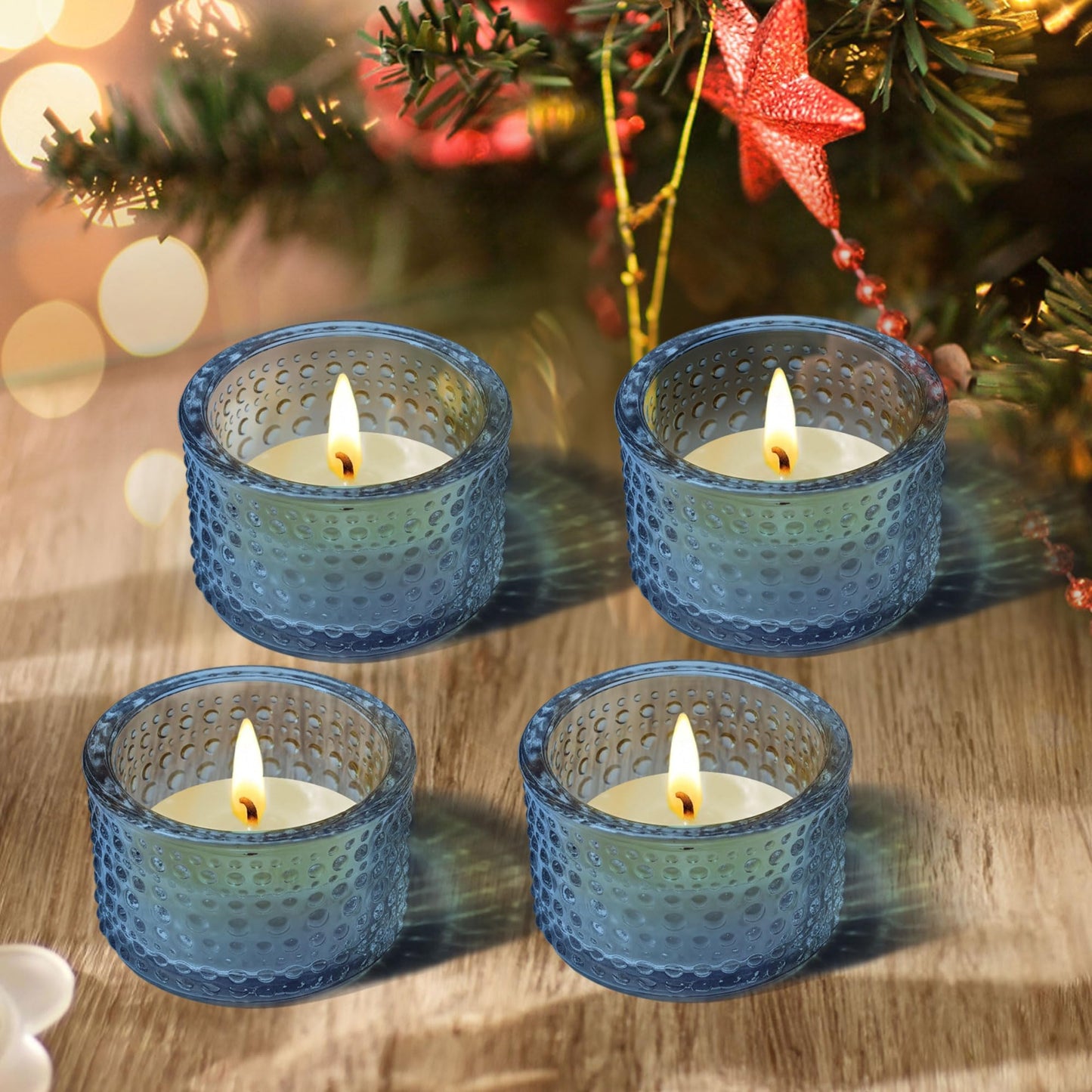JOYIT Blue Votive Candle Holders Bulk Set of 4, Tealight Candle Holder for Wedding Table Centerpiece, Glass Small Candle Holders for Birthday Party, Valentine's Day, Home Decor (2''X 1.4'')