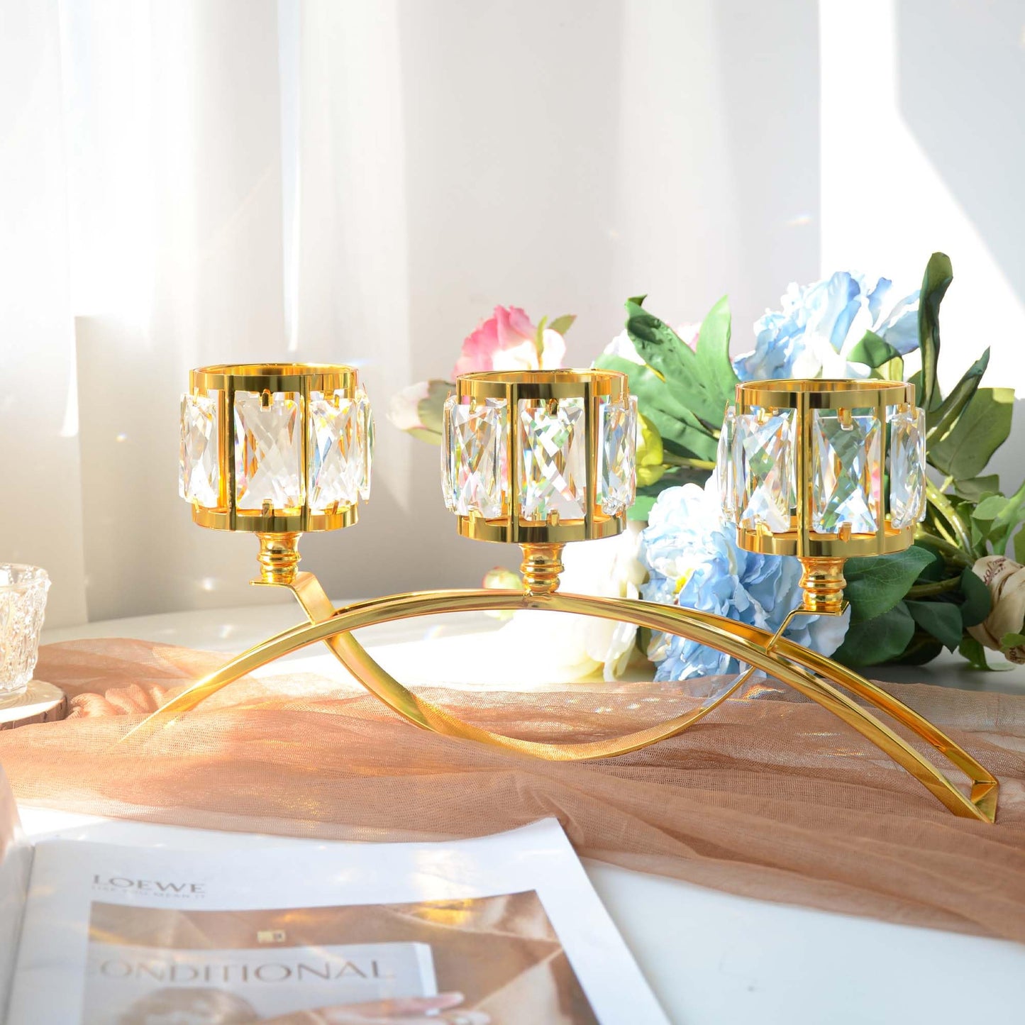 3 Arms Crystal Bowl Tealight Candelabra Votive Candle Stand, Wedding centerpieces for Tables Crystal Candlestick，Centerpiece Table Decorations (Pure Gold)