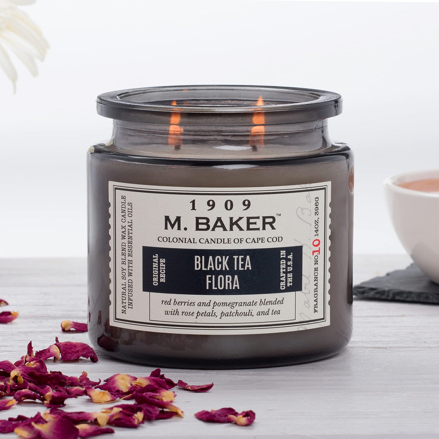 Colonial Candle Black Tea Flora Scented Jar Candle | 2-Wick Natural Soy Blend Wax Candle for Home | Relaxing Aromatherapy Candle Infused with Essential Oils | M. Baker Apothecary Glass Jar Candle