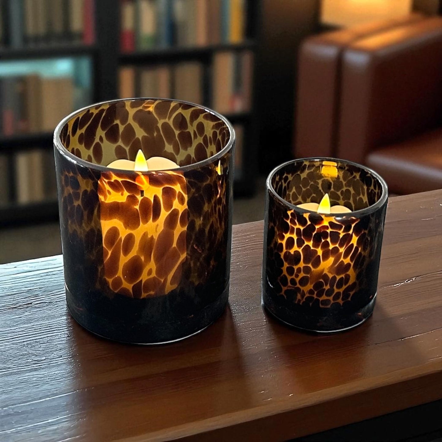 Hapton House Tortoise Shell Glass Candle Holder - Votive and Small Pillar Candle Holder - Leopard Print - Cheetah Print - Animal Print - Tortoiseshell - Candle Jar - Wedding - Holiday Decor - Large
