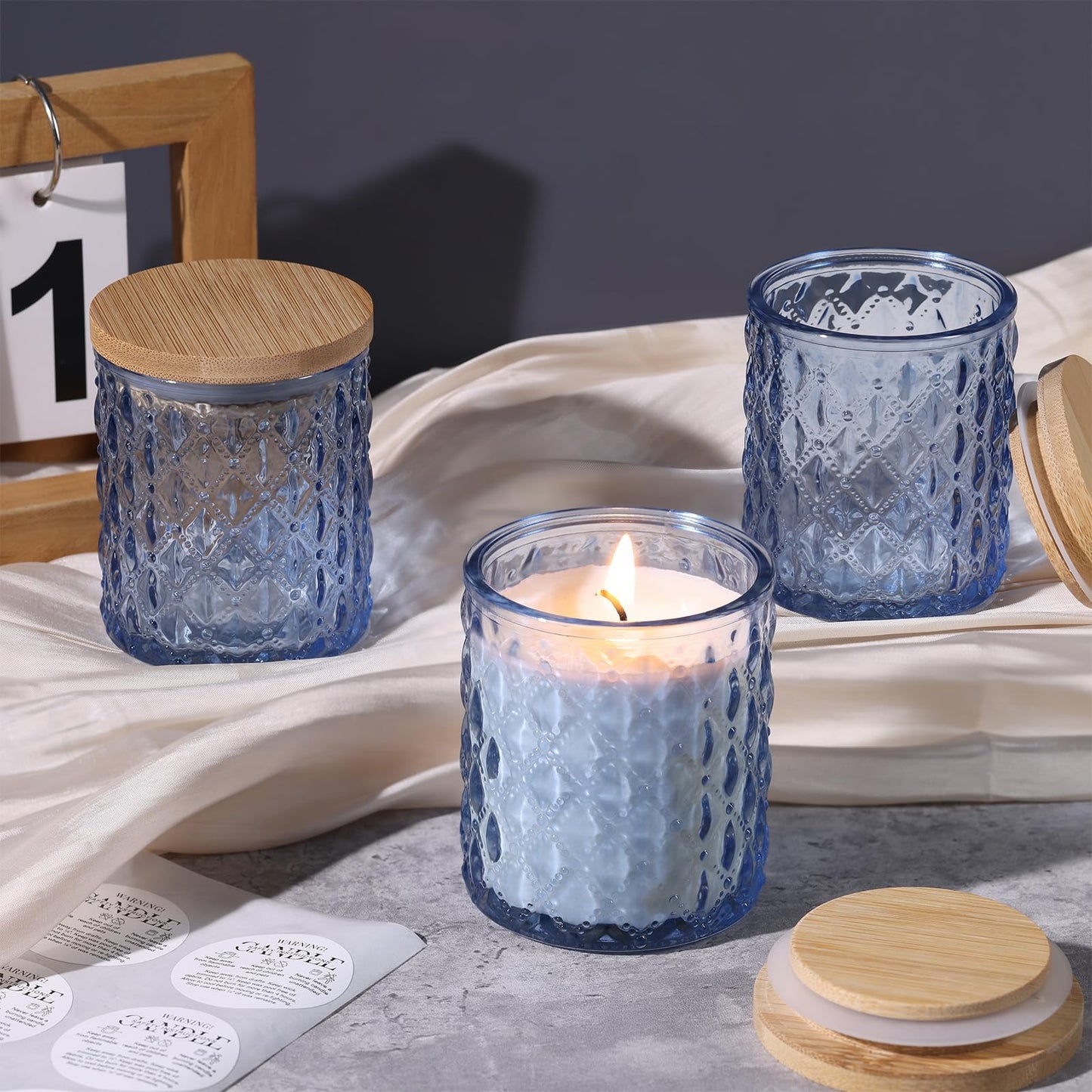 NITIME 15pcs 7.5oz Blue Candle Jars for Making Candles, Glass Candle Vessels with Bamboo Lids and Sticky Labels, Candle Containers for Making Candles and Candle Making Supplies