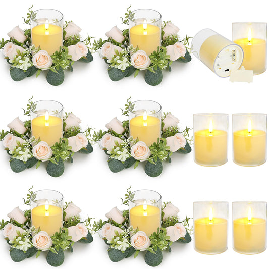 Tobilu 12 PCS Candle Rings with LED Flameless Candles, 3 Inch Artificial Rose Wreaths Eucalyptus Leaves for Table Centerpieces Home Wedding Party Decor, Champagne, 6 Sets