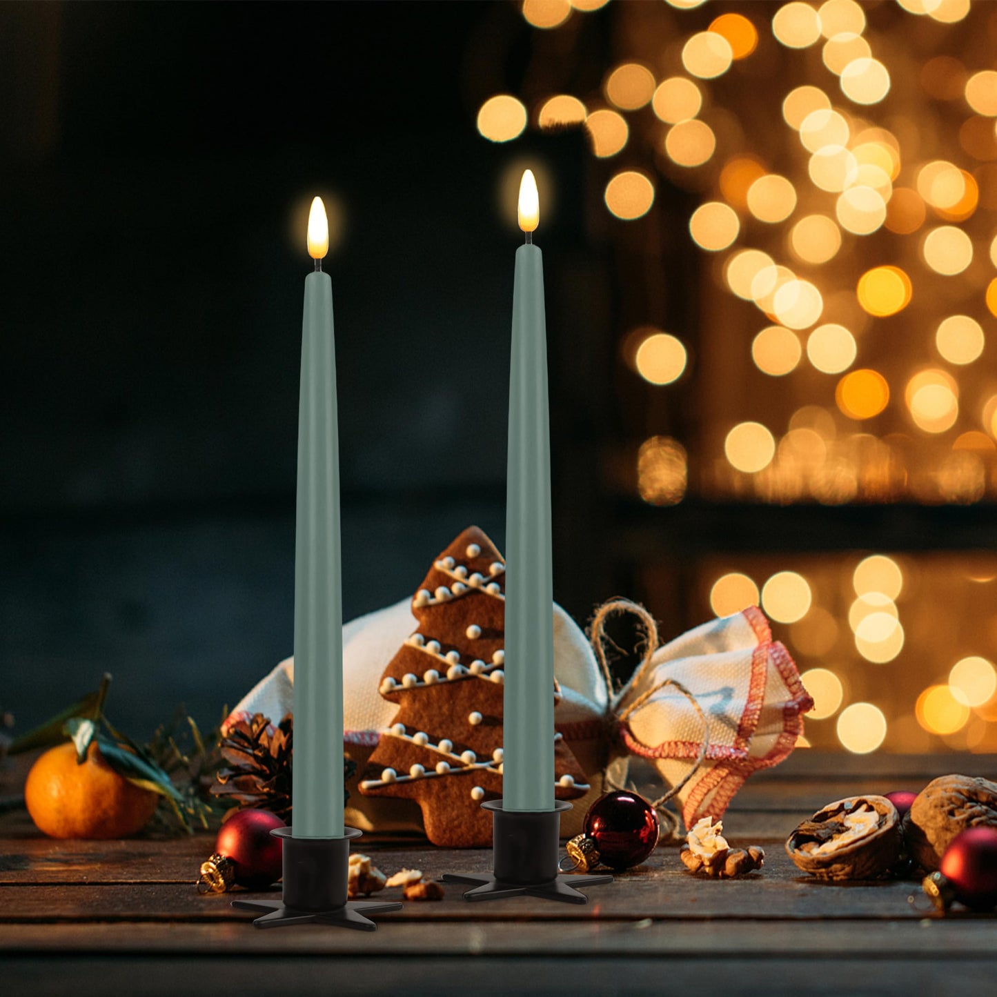 CVHOMEDECO. Flameless Taper Candles with 10-Key Remote, Battery Operated Led Flickering 3D Wick Window Candles Real Wax Finished Home Christmas Party Decor 0.78 x 11 Inch, Pack of 2, Grey Green