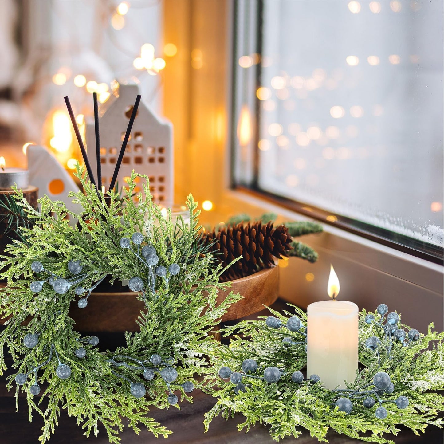4 Pcs 3” Blueberry Candle Rings Spring Wreaths Mini Berries Table Centerpieces Wreaths Farmhouse Green Small Wreath for Pillars Kitchen Cabinet Front Door Porch Wall Decoration