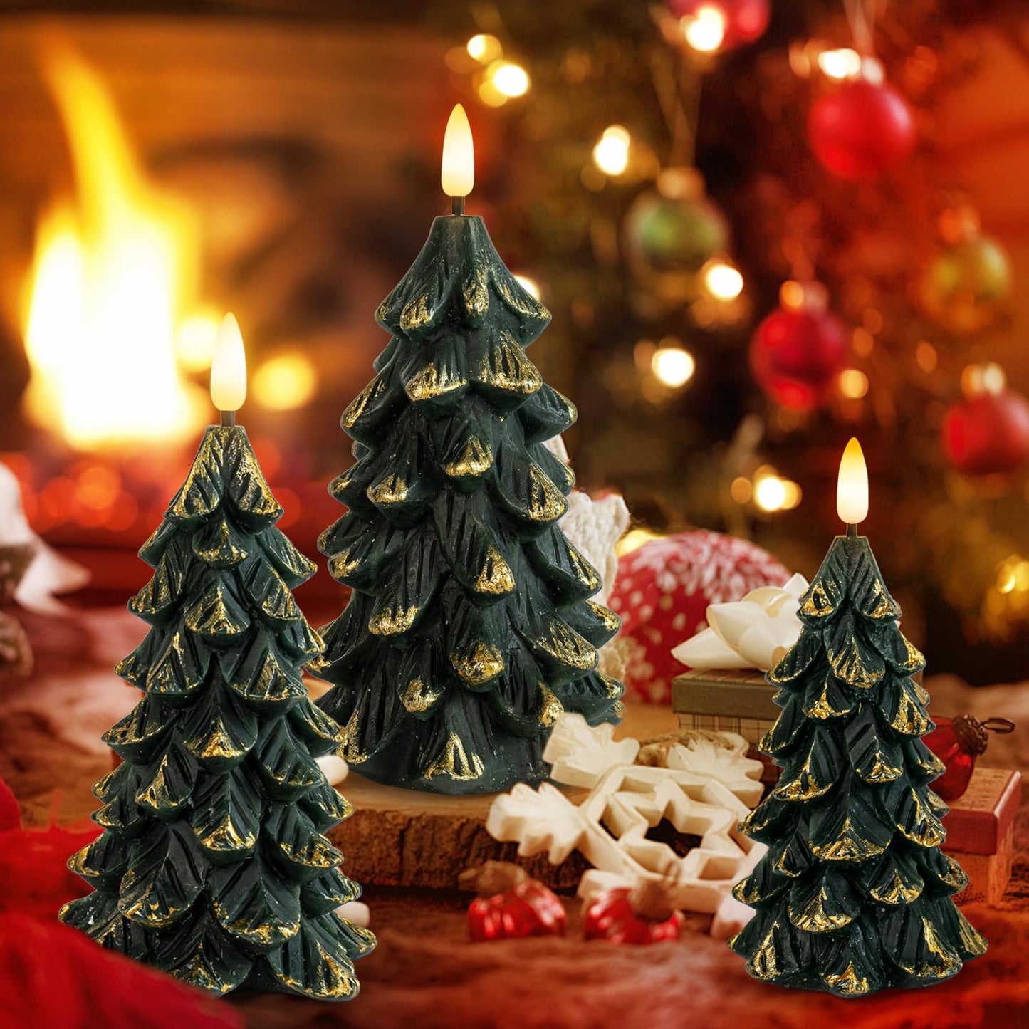 Yongmao Green Christmas Tree Shaped Flickering Flameless LED Candles with Timer, Real Wax Battery Operated, Set of 3