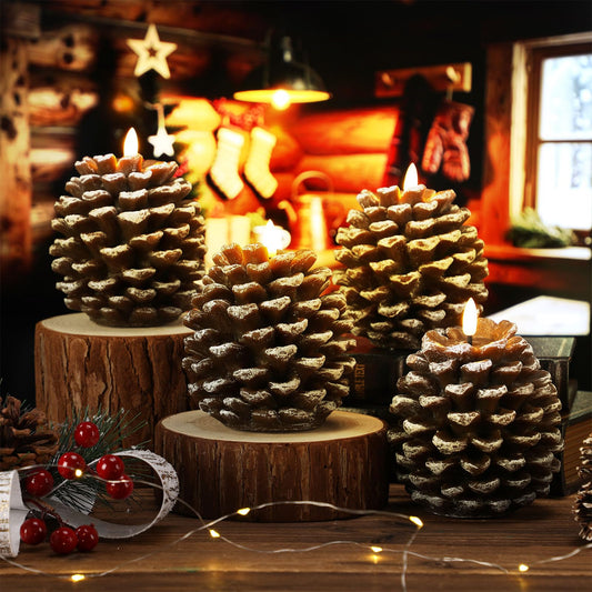 Baquler 4 Pcs LED Pine Cone Candles, Battery Operated, Flameless, Real Wax Pine Cone Candles with LED Flickering for Christmas Party Decoration