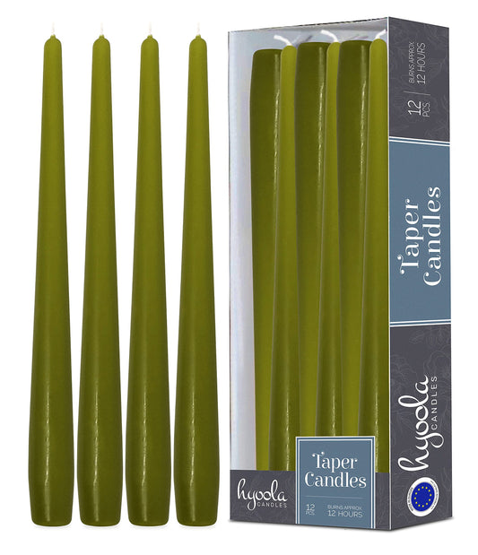 Hyoola Tall Taper Candles - 14 Inch Olive Green Unscented Dripless Taper Candles - 12 Hour Burn Time - 12 Pack