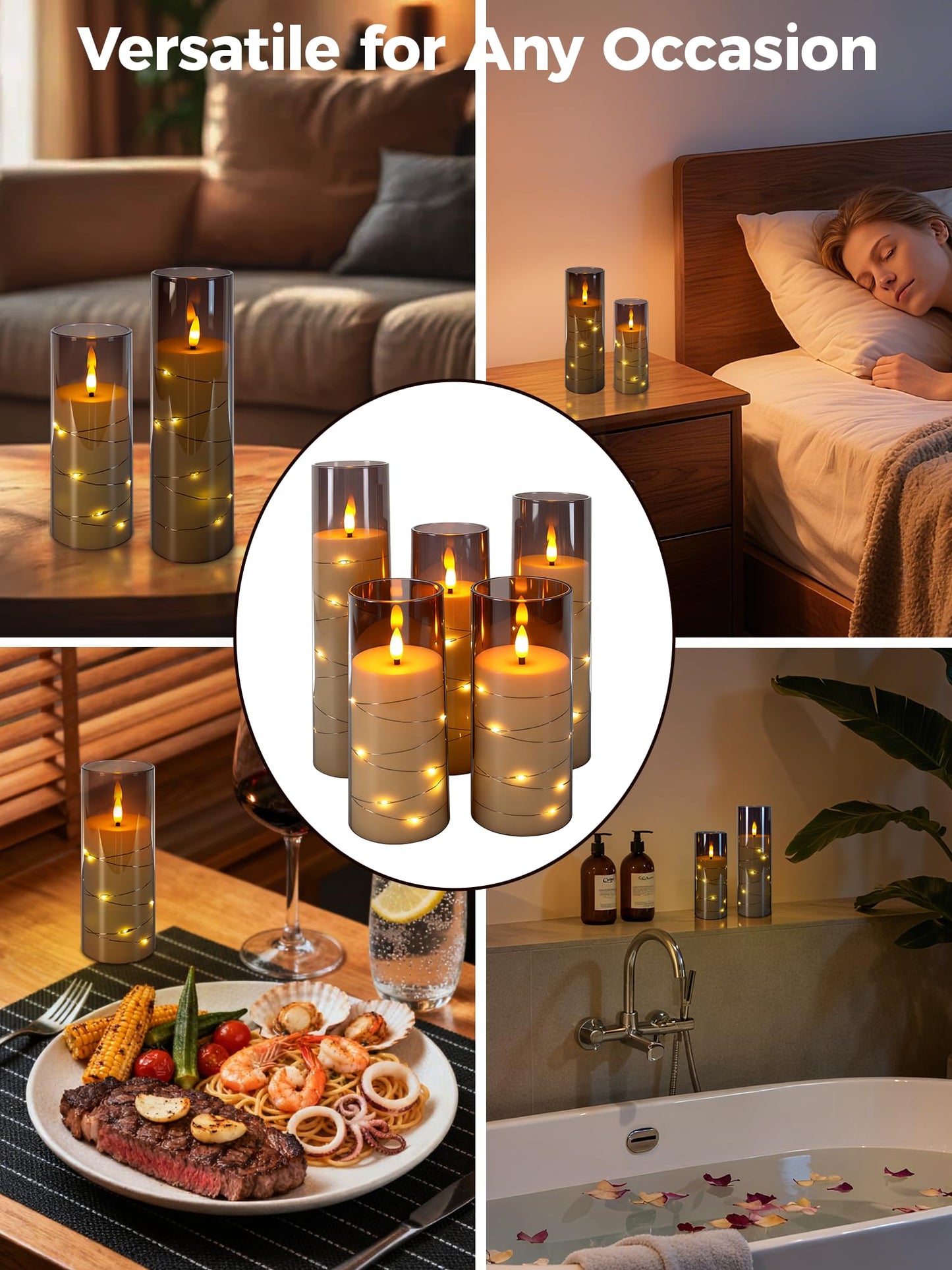 uuffoo 5 Pcs Flameless LED Candles with Timer Remote Flickering Flameless Candles with Embedded Star String, 3D Wick Acrylic Battery Operated LED Pillar Candles for Wedding Party Home Decor