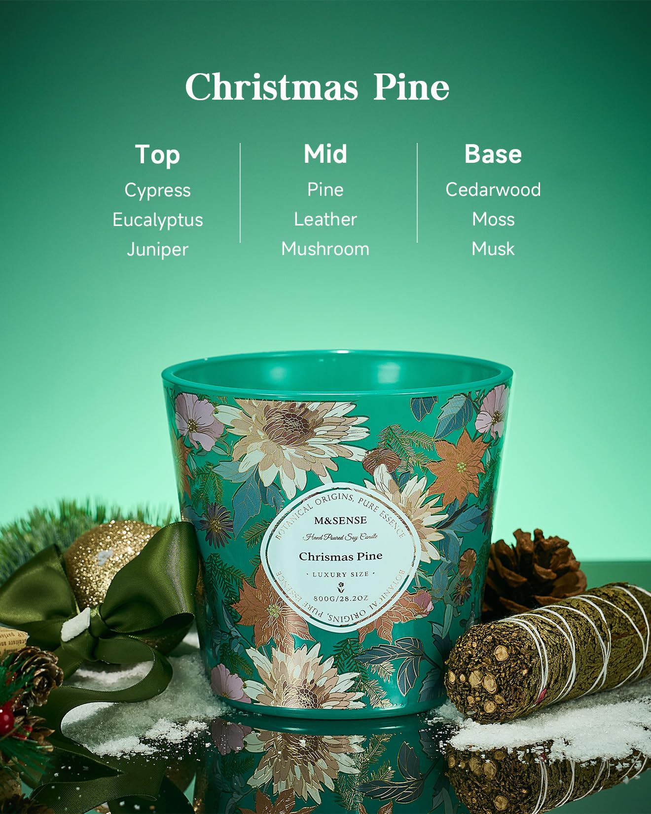 M&SENSE Christmas Pine Scented Candle, 28.2oz 3 Wick Natural Soy Wax Large Candles, Long Lasting Clean Slow Burning No Toxic Décor for Women Men, Romantic Dates & Gift-Giving