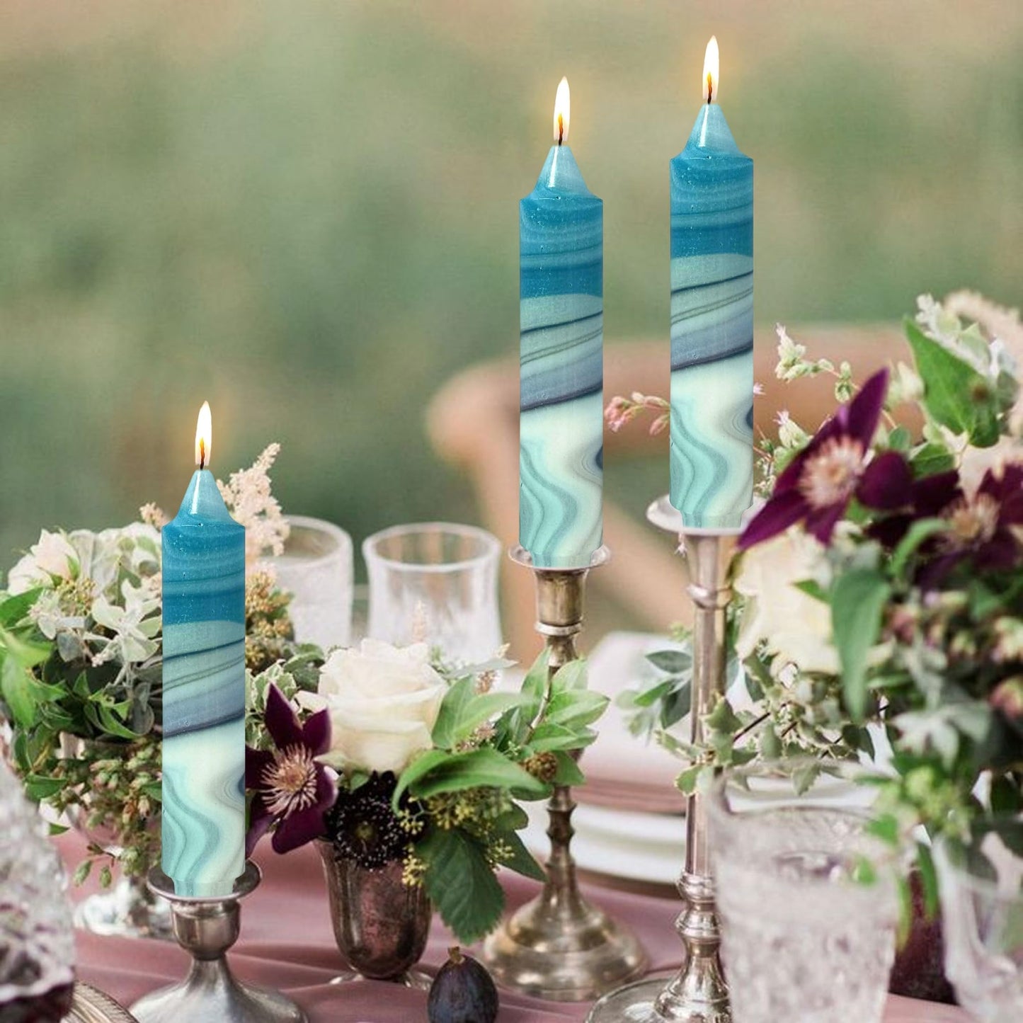 Floral Taper Candles 7inch Unscented Long Chinoiserie Candlesticks Handmade Dripless Marble Candle Sticks for Emergency, Wedding Home Décor Festive Seasons Holiday 4pcs