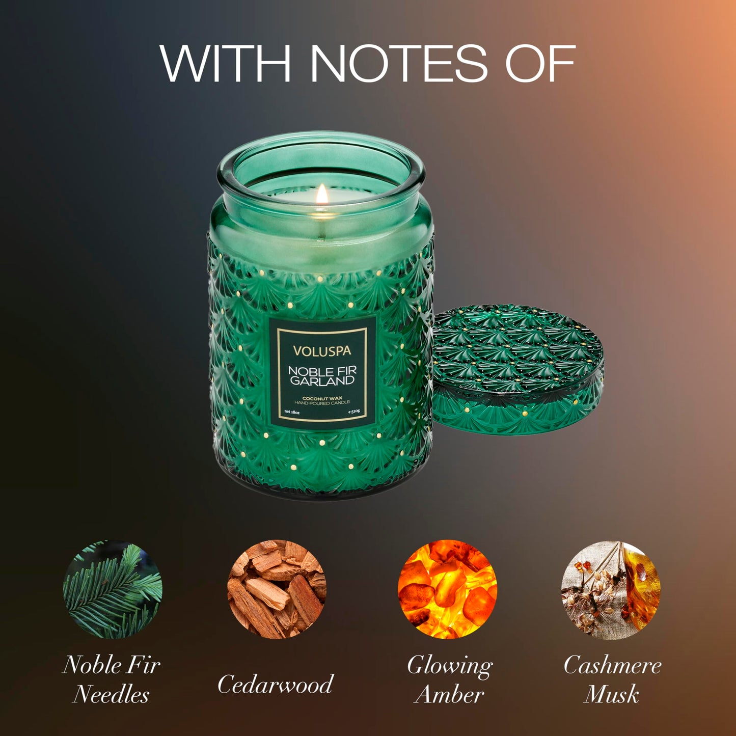Voluspa Noble Fir Garland, Large Candle Jar, 18oz, Coconut Wax Blend, Scented Candles for Home, 100 Hour Burn Time, Poured in the USA