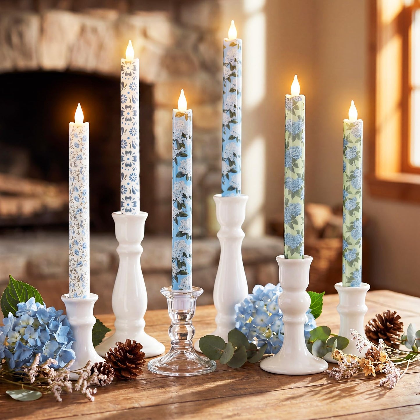 Lyrow 6 Pcs Blue Floral Flameless Taper Candles 11 Inch Hydrangea Flameless Candles Real Wax LED Candle Flickering Battery Operated Candlesticks for Wedding Anniversary Summer Gifts